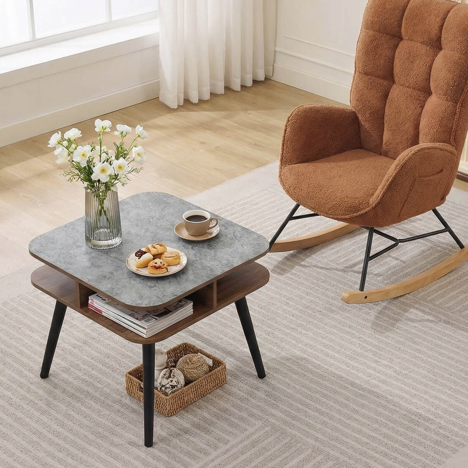 Alt View 3. Costway - Costway 2 PCS Faux Marble End Table with Storage Shelves & Rubber Wood Legs for Living Room - Gray, Walnut & Black.