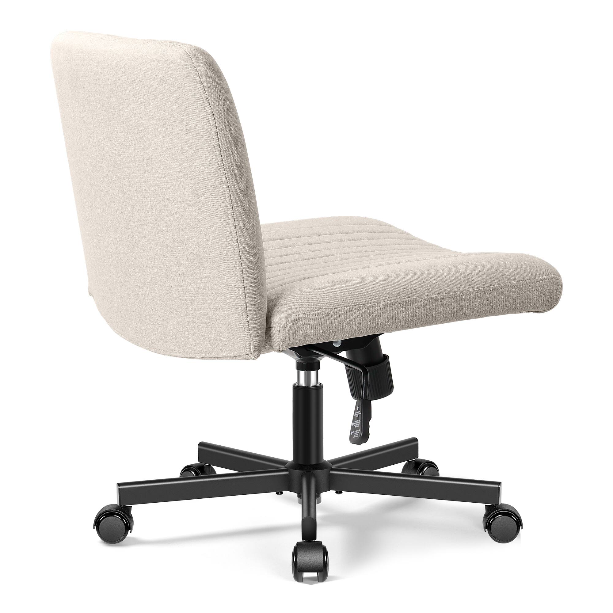 Angle. Brick Attic - Criss Cross Chair with Wheels, Wide Cross Legged Office Desk Vanity Chair Comfy Fabric Armless Adjustable Swivel - Beige.