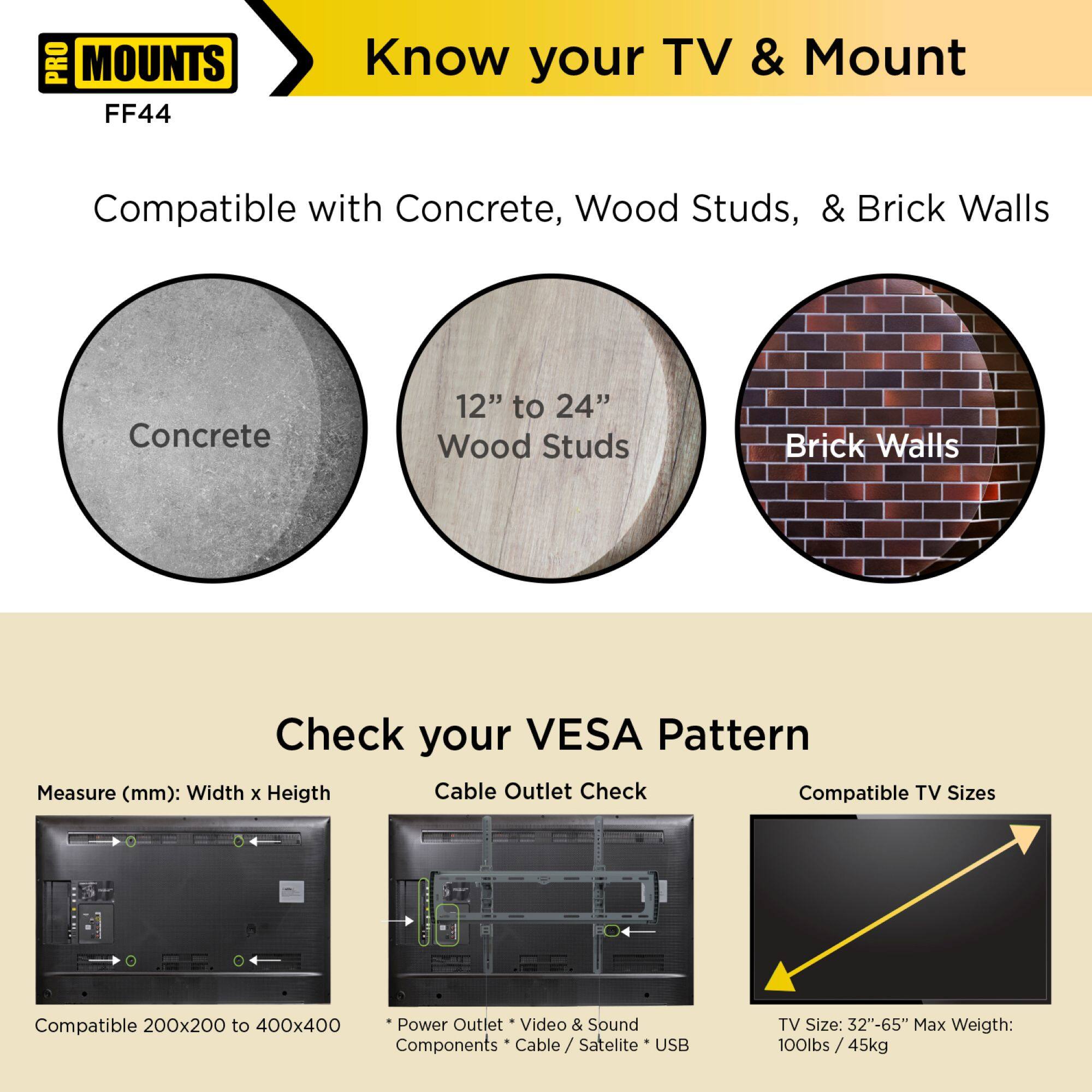 **PRO MOUNTS FF44**

**Know your TV & Mount**

Compatible with Concrete, Wood Studs, & Brick Walls

- Concrete
- 12" to 24" Wood Studs
- Brick Walls

**Check your VESA Pattern**

- Measure (mm): Width x Height
- Compatible 200x200 to 400x400
- Cable Outlet Check
  - Power Outlet
  - Video & Sound Components
  - Cable / Satellite * USB
- Compatible TV Sizes
  - TV Size: 32"-65"
  - Max Weight: 100lbs / 45kg