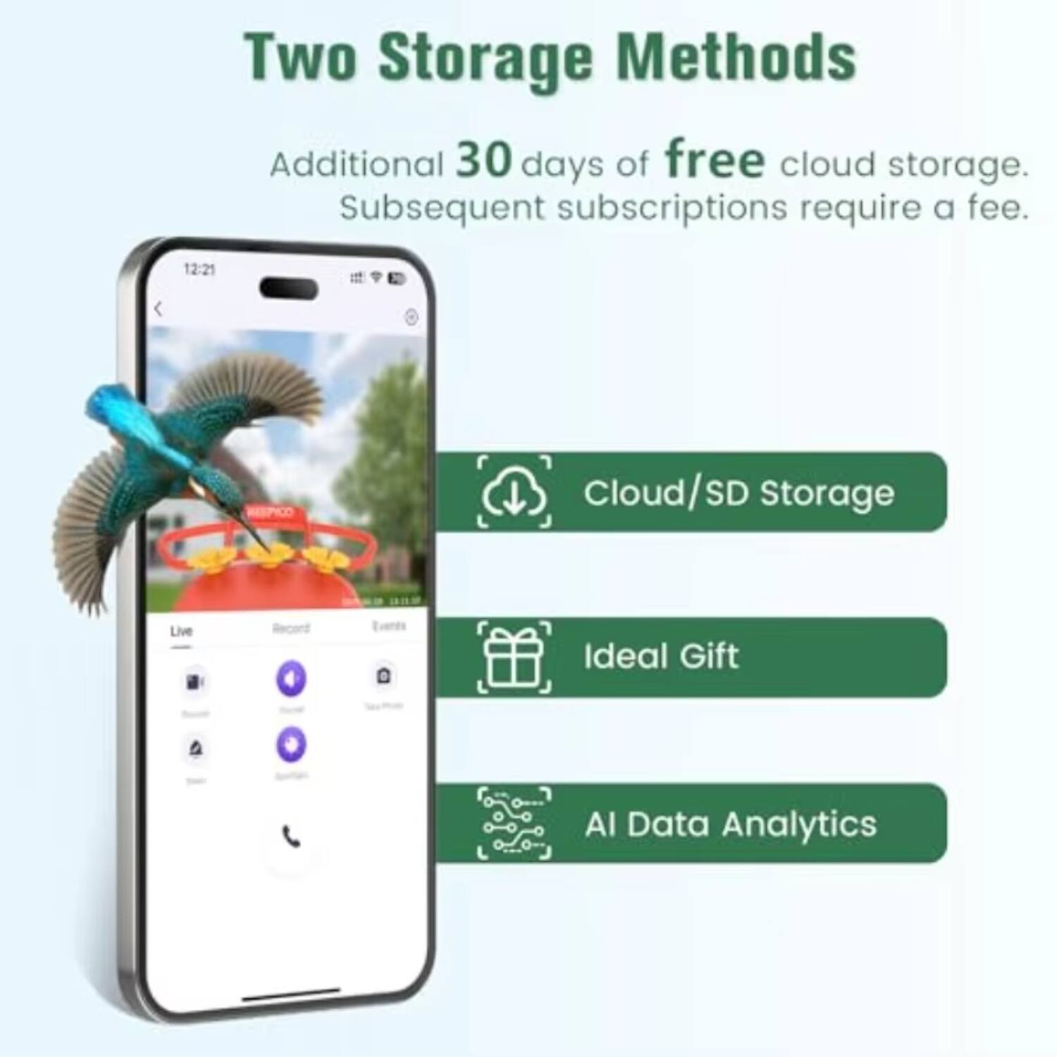 Two Storage Methods

Additional 30 days of free cloud storage. Subsequent subscriptions require a fee.

- Cloud/SD Storage
- Ideal Gift
- AI Data Analytics