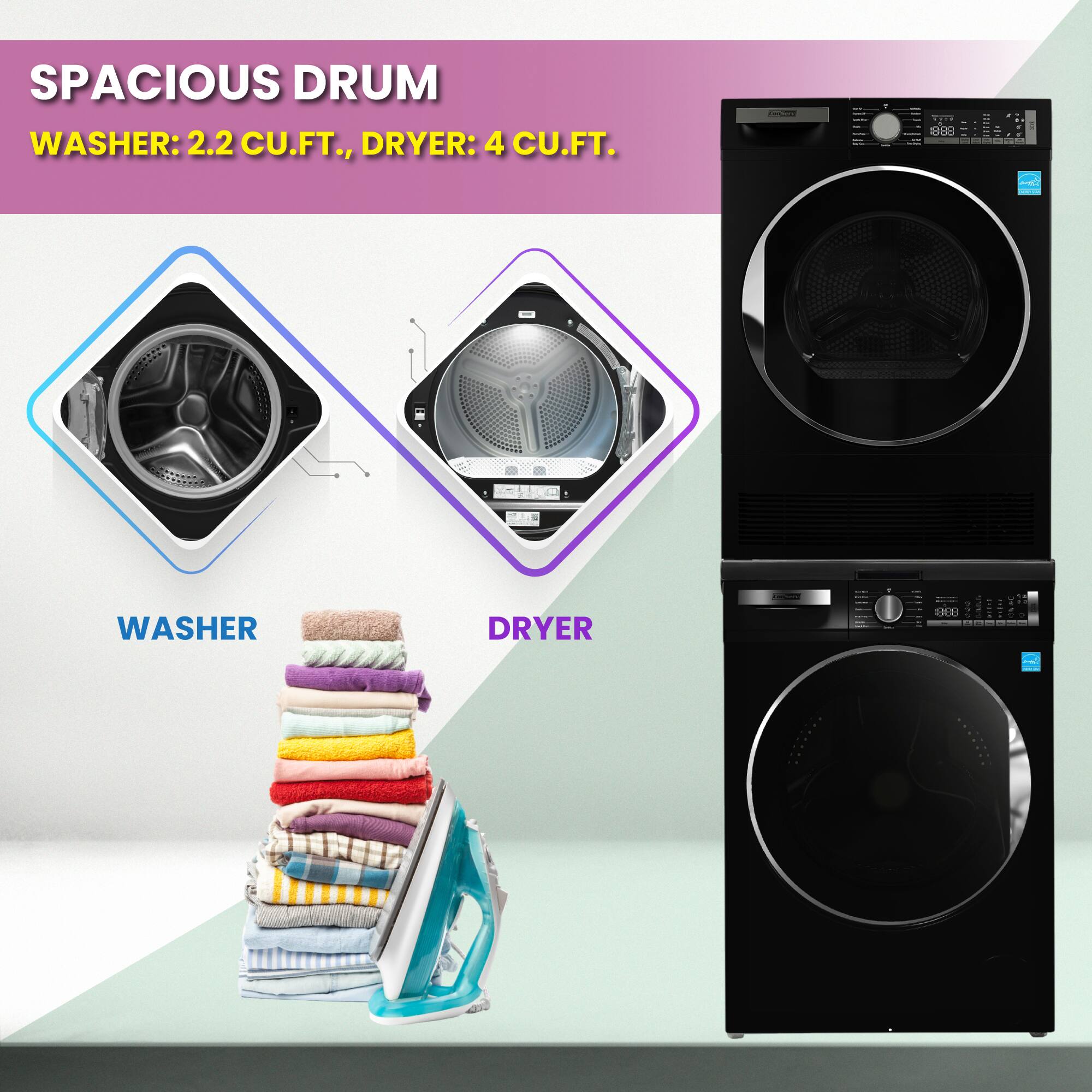 SPACIOUS DRUM  
WASHER: 2.2 CU.FT., DRYER: 4 CU.FT.  

WASHER  
DRYER