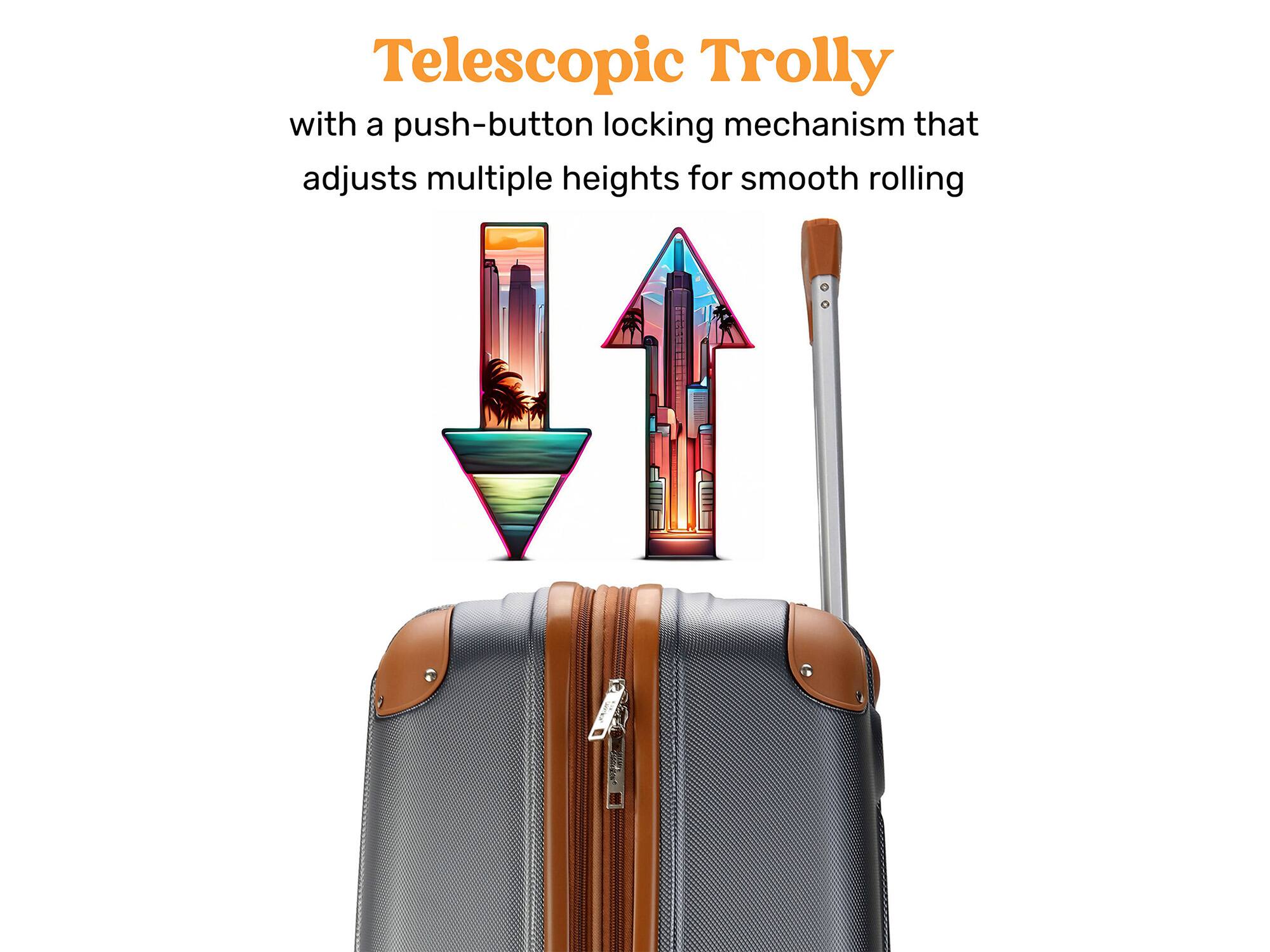 Telescopic Trolly with a push-button locking mechanism that adjusts multiple heights for smooth rolling