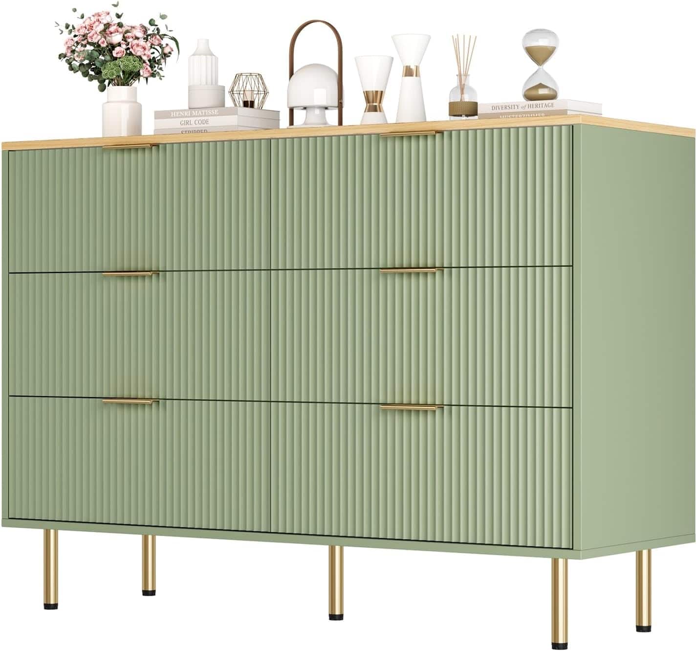 GARVEE - Fluted 6 Drawer Dresser for Bedroom, Large Chest with Gold Handle, Wood Organizer for Bedroom, Living Room, Hallway - Green
