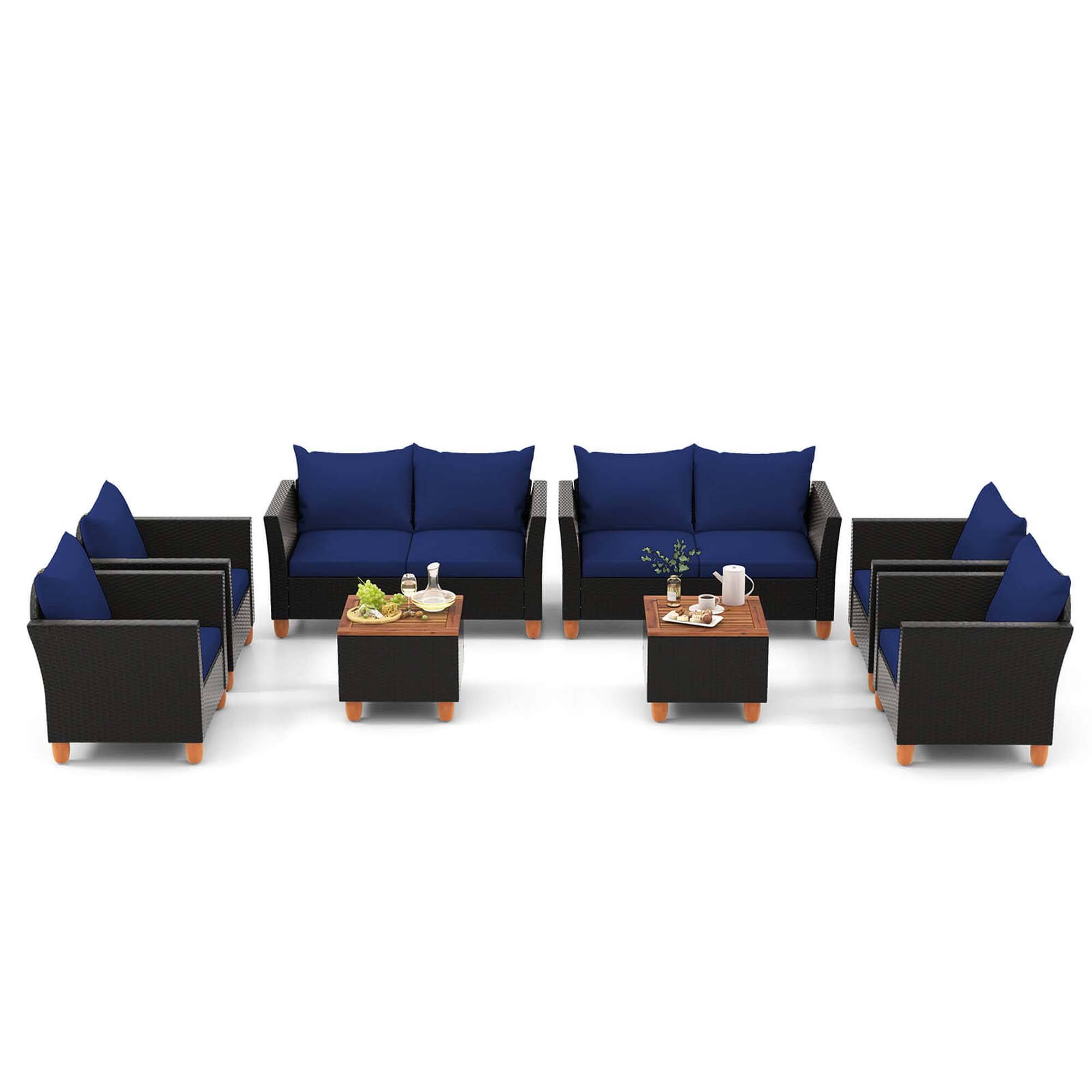 Alt View 9. Costway - 8 PCS Wicker Patio Furniture Set with Removable Cushions Storage Coffee Table - Navy,Black.