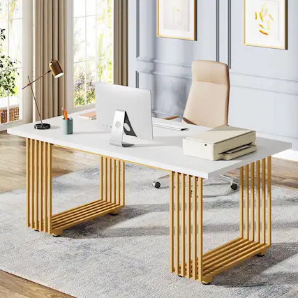 Front. APRILSOUL - 70.9in Modern Executive Desk with Gold Metal Legs Wooden Office Desk Writing Study or Meeting Room Table for 6-8 People - White+Gold.