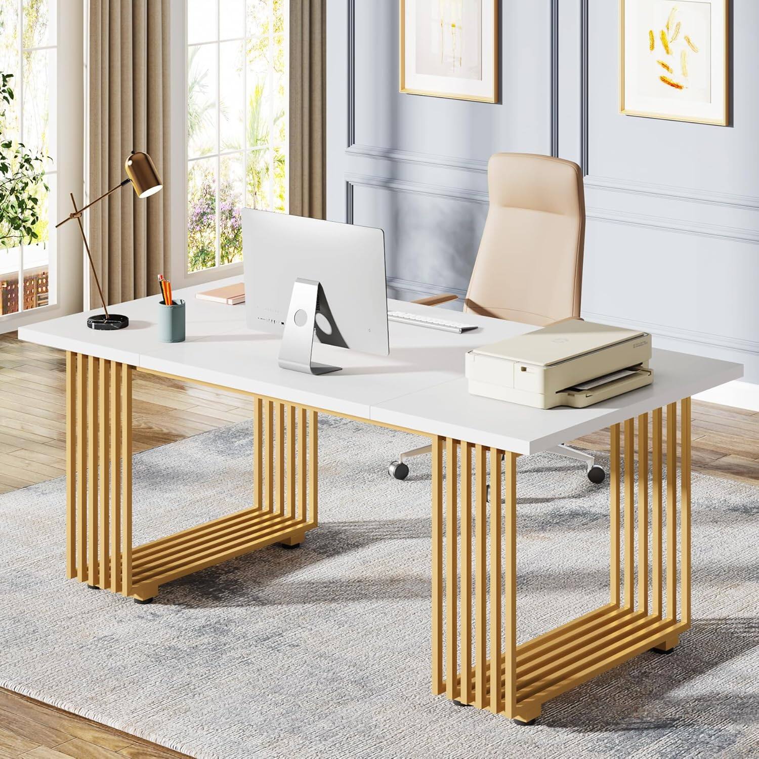 Front. APRILSOUL - 70.9in Modern Executive Desk with Gold Metal Legs Wooden Office Desk Writing Study or Meeting Room Table for 6-8 People - White+Gold.