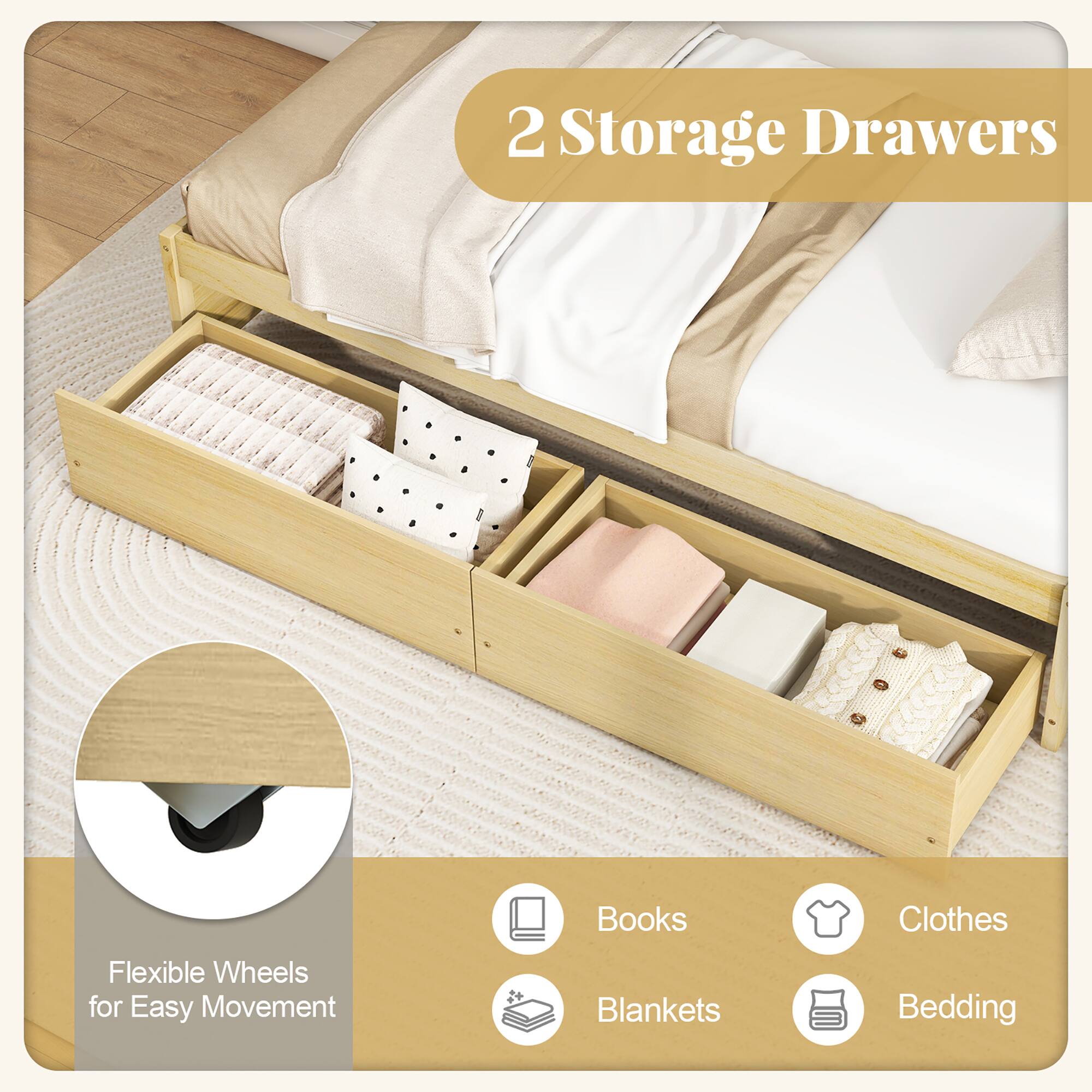 2 Storage Drawers

Flexible Wheels for Easy Movement

Books  
Clothes  
Blankets  
Bedding