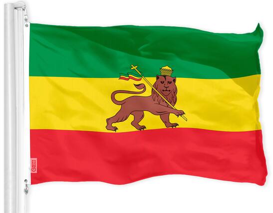 Front. G128 - Ethiopia Lion Flag, 3x5 ft, 150D Polyester, Brass Grommets, Indoor/Outdoor - Assorted Colors.