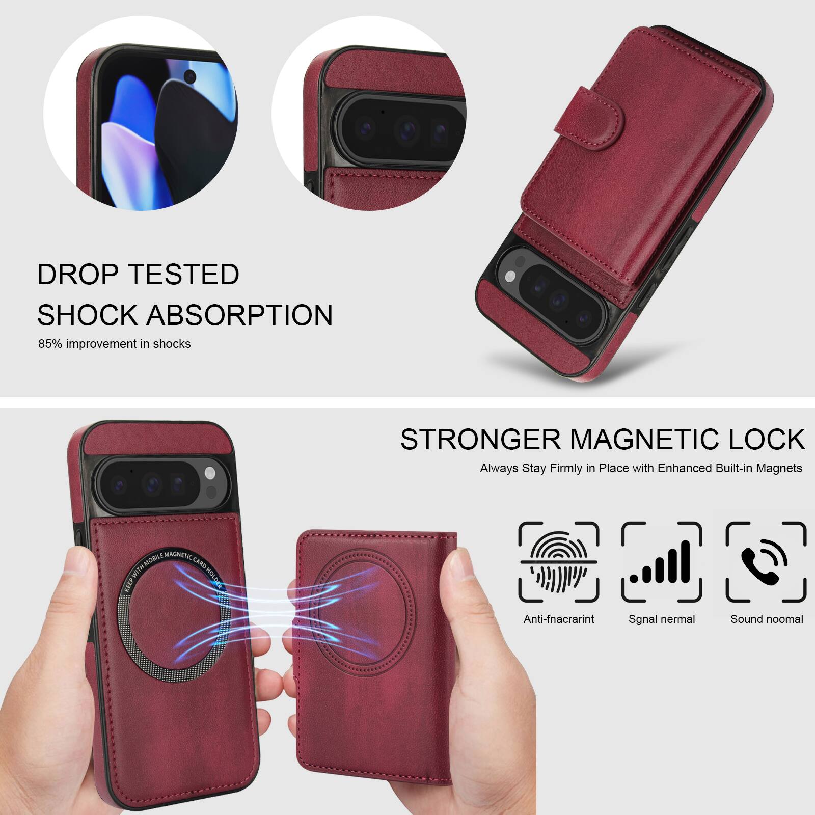 DROP TESTED  
SHOCK ABSORPTION  
85% improvement in shocks  

STRONGER MAGNETIC LOCK  
Always Stay Firmly in Place with Enhanced Built-in Magnets  

MOBIS MAGNETIC CARD SAITM  
Sa4on 1OM  

Anti-fnacrarint  
Sgnal nermal  
Sound noomal
