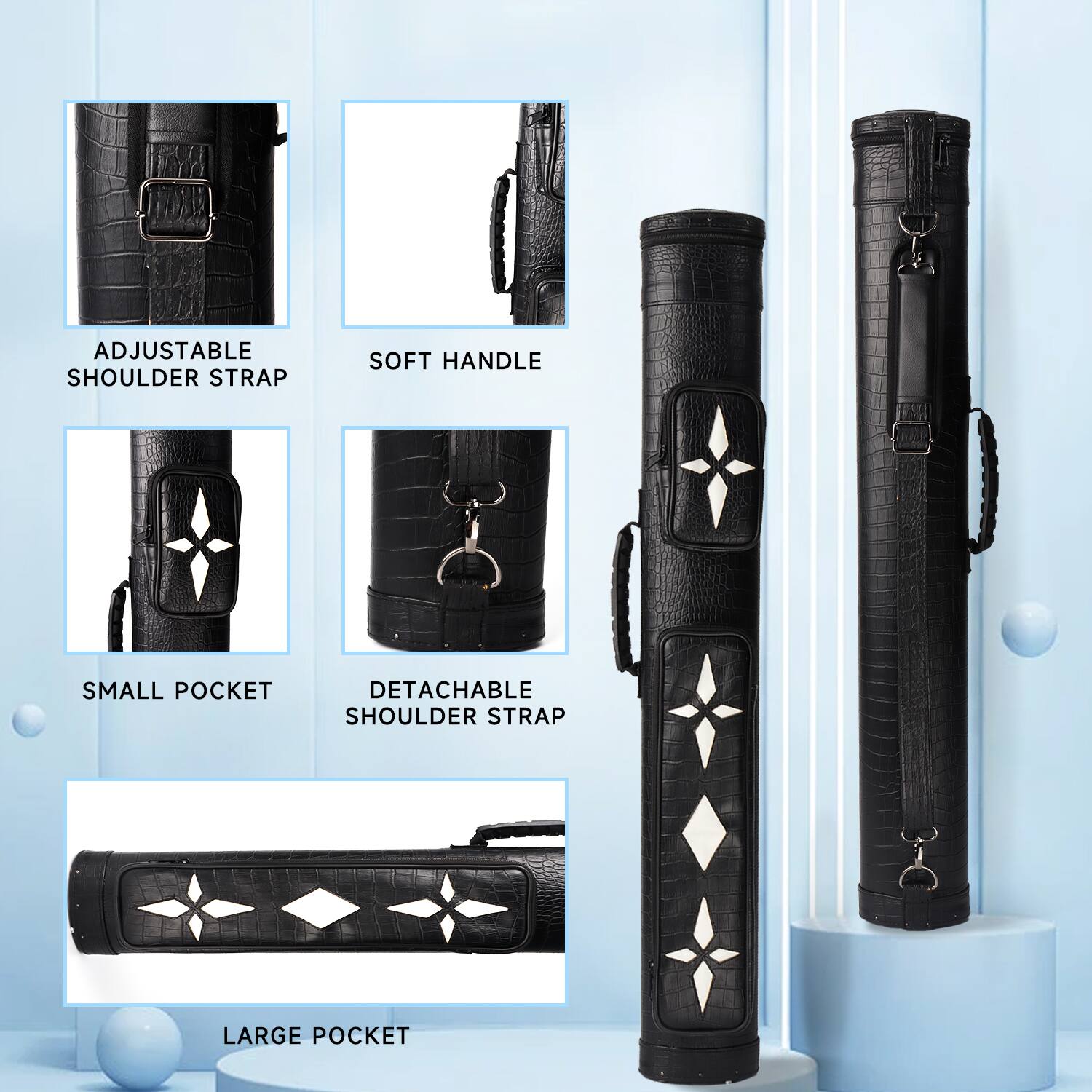 ADJUSTABLE SHOULDER STRAP, SOFT HANDLE, SMALL POCKET, DETACHABLE SHOULDER STRAP, LARGE POCKET