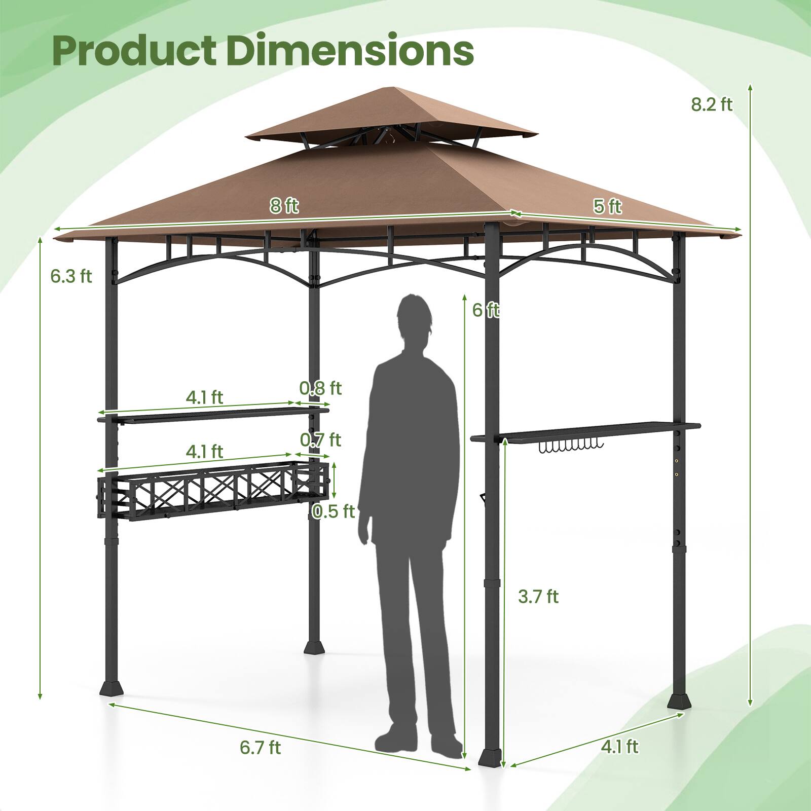 Product Dimensions: 8.2 ft, 8 ft, 5 ft, 6.3 ft, 6 ft, 4.1 ft, 0.8 ft, 4.1 ft, 0.7 ft, 0.5 ft, 3.7 ft, 6.7 ft, 4.1 ft