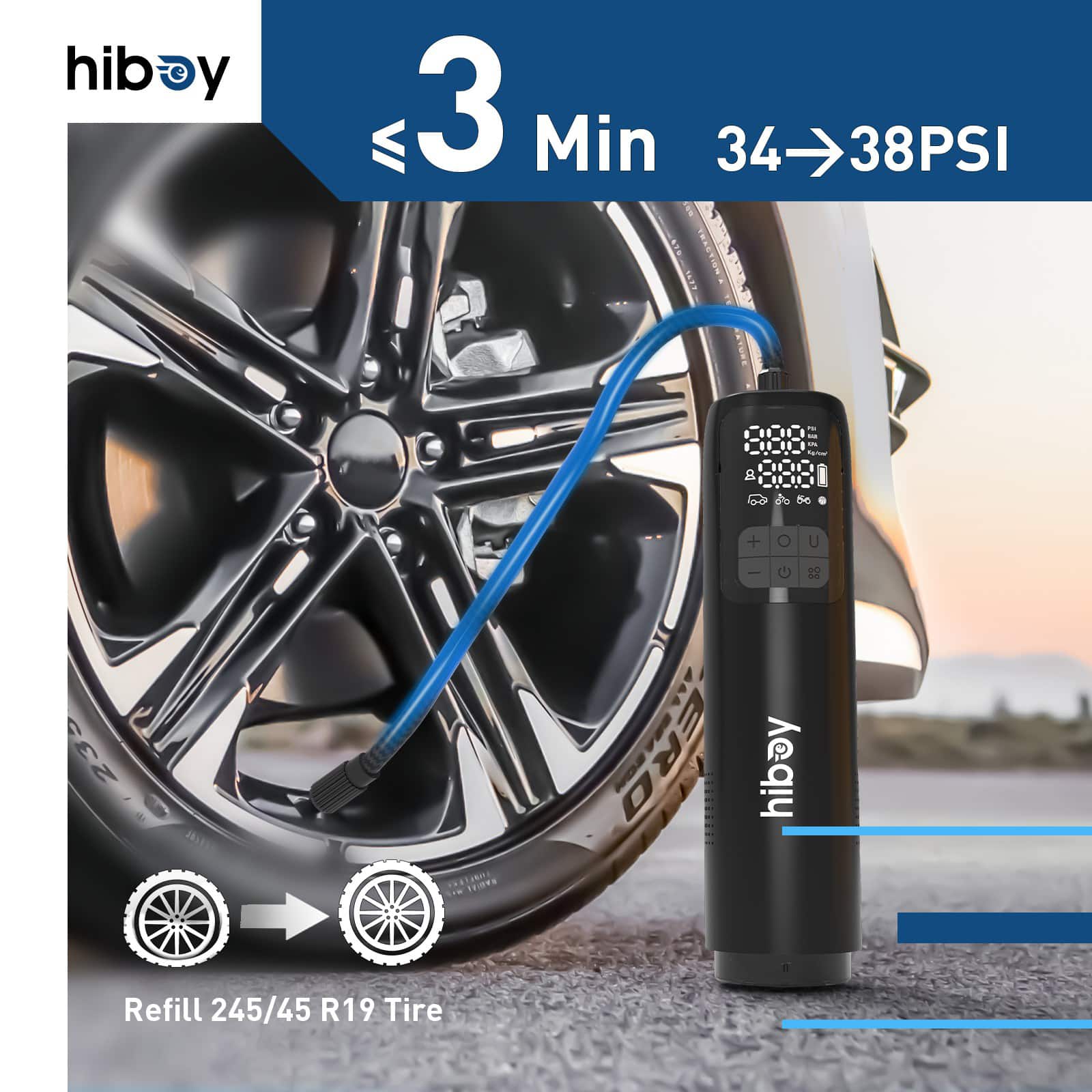 The text on the image reads: "hiboy 3 Min 34 I STS TMACTION 44 8 38PSI - - - to 1 T + O U 235 1 de Hs E ToNS | U ERO hibay Refill 245/45 R19 Tire."