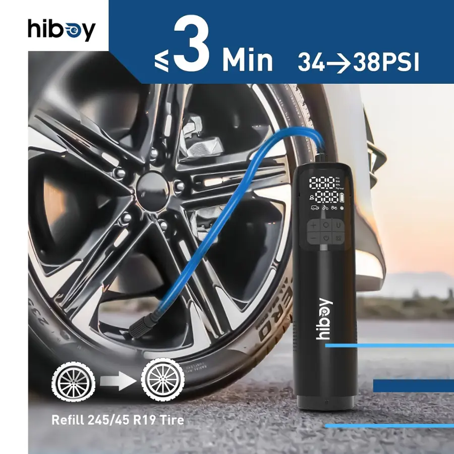 The text on the image reads: "hiboy 3 Min 34 I STS TMACTION 44 8 38PSI - - -  to 1 T + O U 235 1 de Hs E ToNS | U ERO hibay Refill 245/45 R19 Tire."