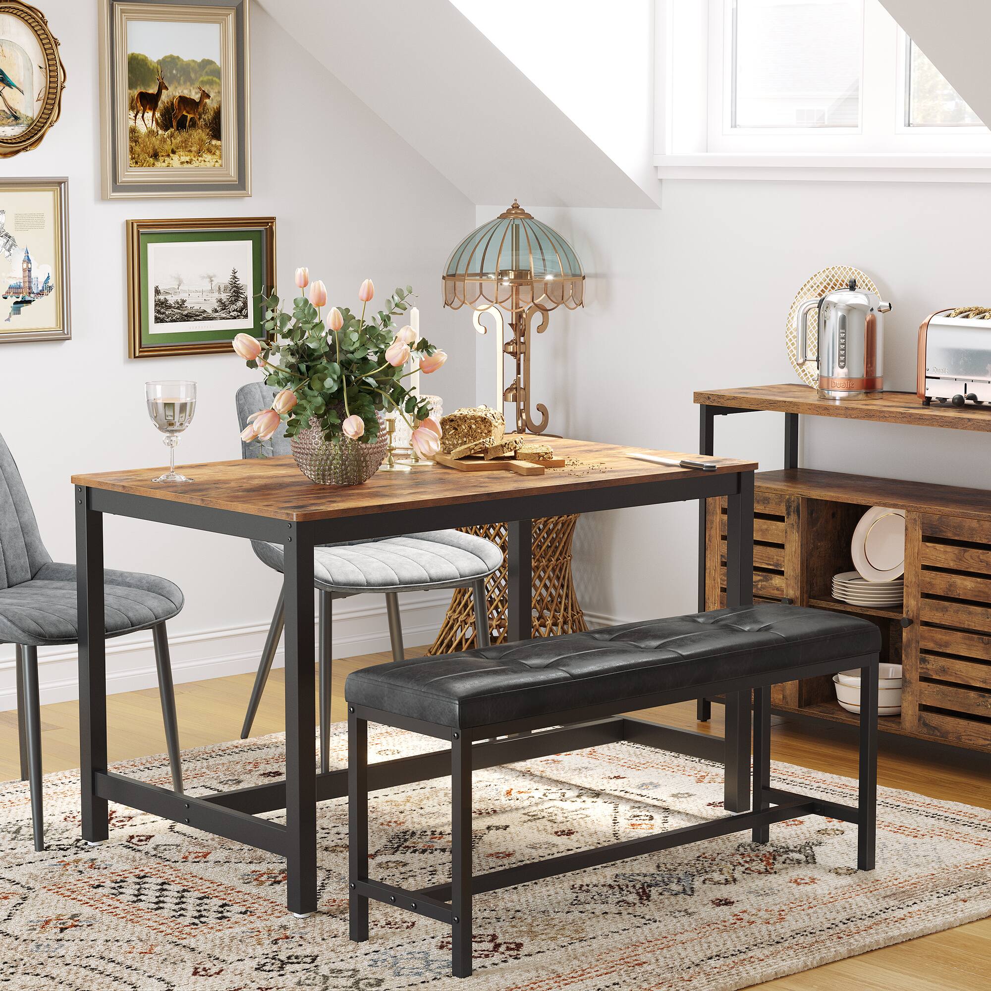 Angle. Songmics Home - Dining Table Bench, Ottoman Bench with PU Leather Padded Seat, Steel Frame, 42.5 x 12.8 x 18.9 Inches, Hallway, Bedroom - Black.