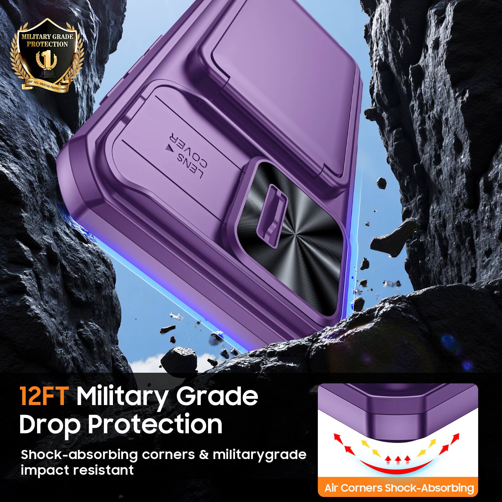 MILITARY GRADE PROTECTION (1) - M cw - PROVECTVN COVER LENS 12FT Military Grade Drop Protection Shock-absorbing corners & military grade impact resistant Air Corners Shock-Absorbing