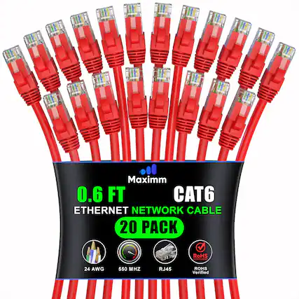 Maxim 0.6 FT CAT6 Ethernet Network Cable 20 Pack RoHS Compliant 24 AWG 550 MHz RJ45 RoHS Verified
