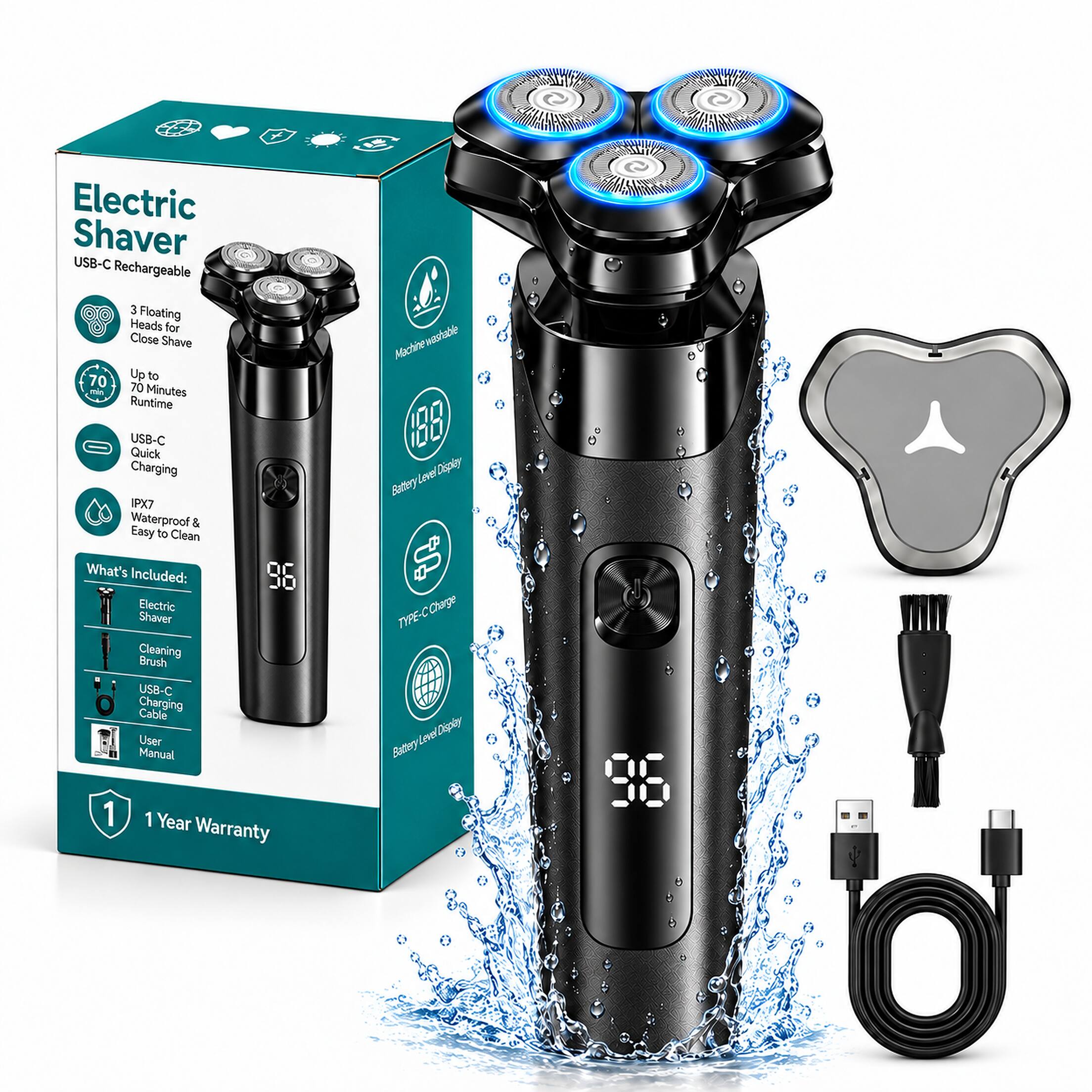 Electric Shaver USB-C Rechargeable 3 Floating Heads for Close Shave Up to 70 Minutes Runtime USB-C Quick Charging PX7 Waterproof & Easy to Clean

L Machine washable (188) Level Casplay Battery

What's Included: Electric Shaver Cleaning Brush USB-C Charging Cable User Manual 1 Year Warranty

TYPE-C Charge Level Display Battery