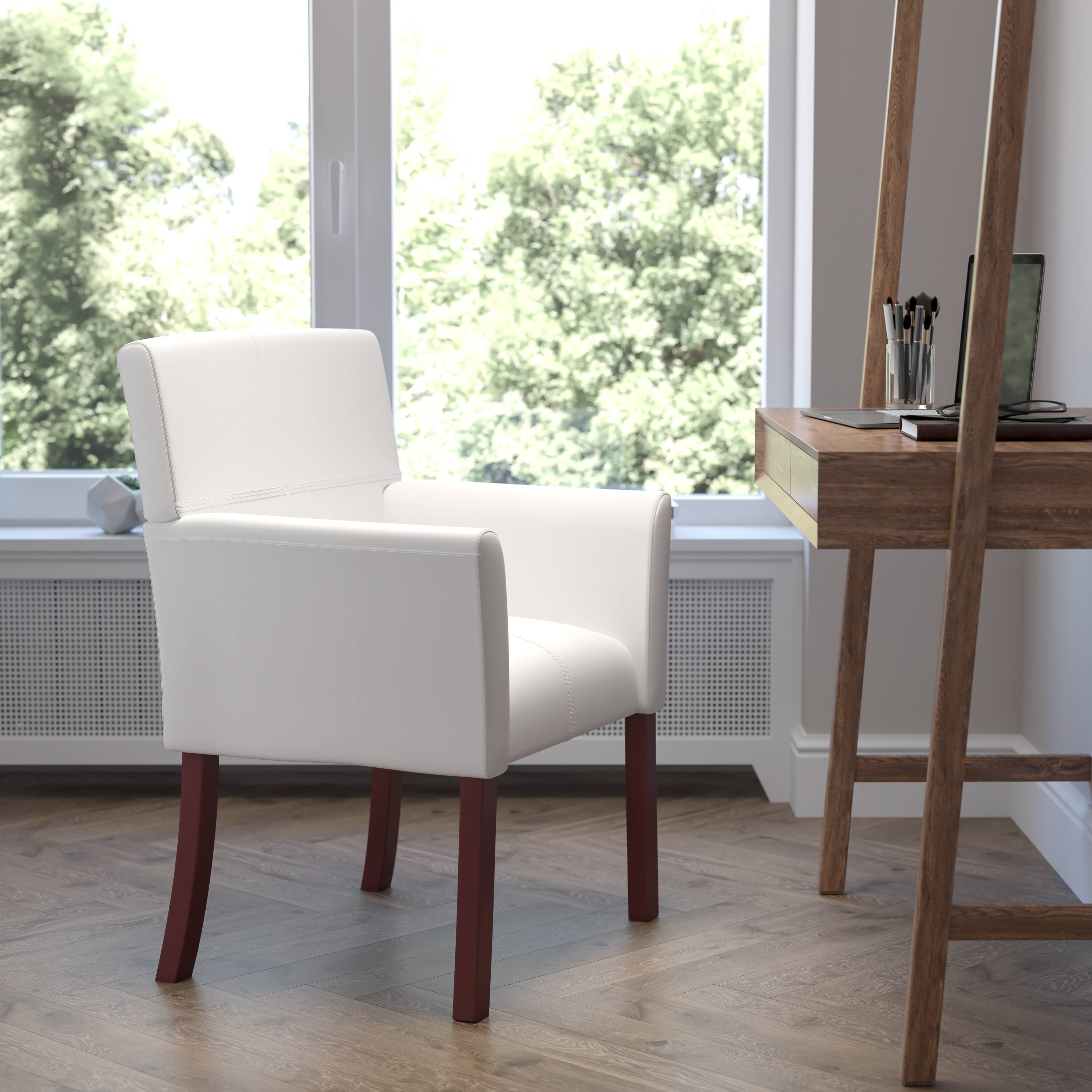 Alt View 1. Emma + Oliver - Faux Leather Executive Side Reception Chair with Mahogany Legs - White.