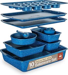 Bakken- Swiss - 10-Piece Nonstick Carbon Steel Bakeware Set, Oven Safe to 450°F, Stackable, Dishwasher & Toxin Free - Blue Marble