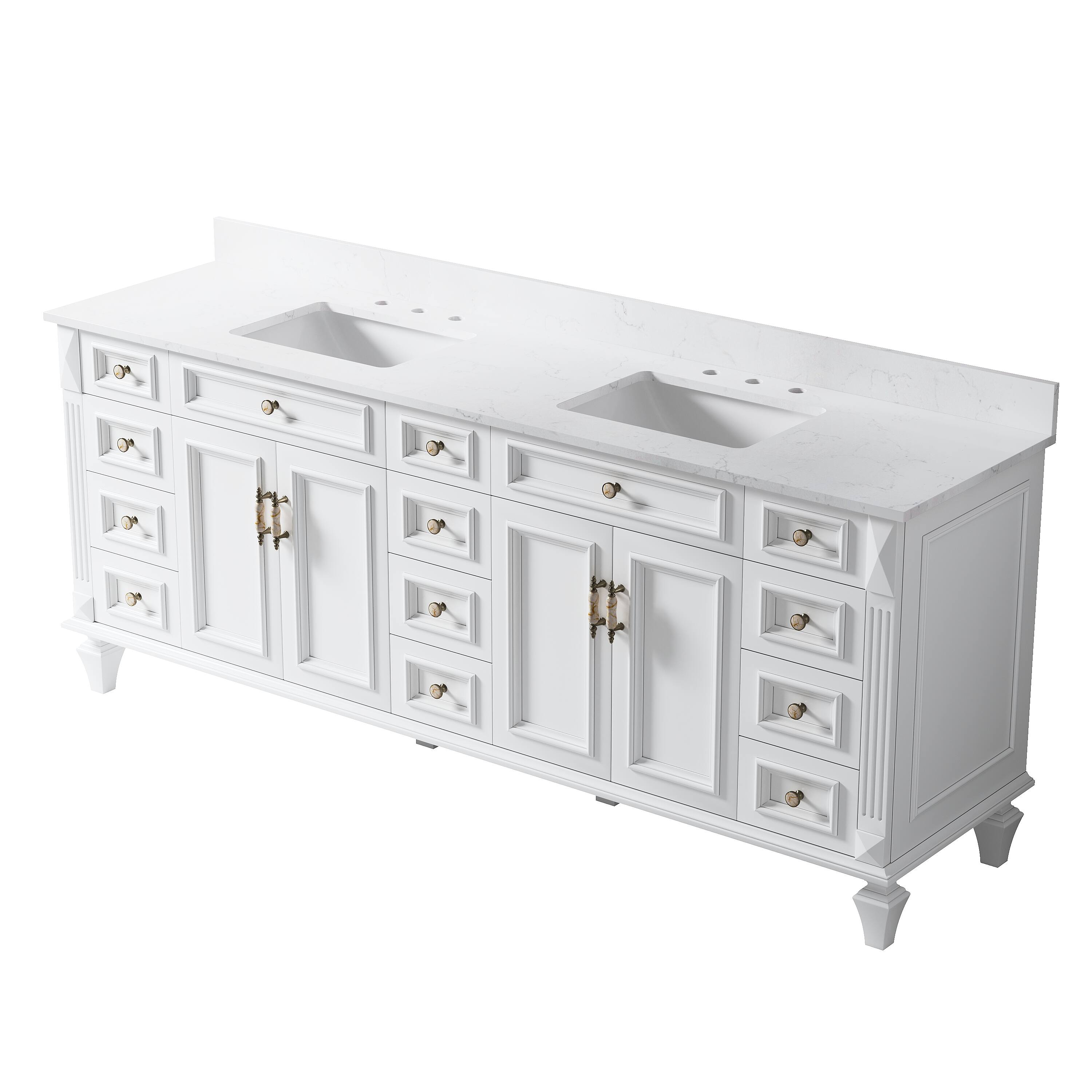 Alt View 9. WELLFOR - ARTWOOD 84 in. Solid Wood Bath Vanity with Quartz Top, Double Sink, Soft Close, Assembled - White.