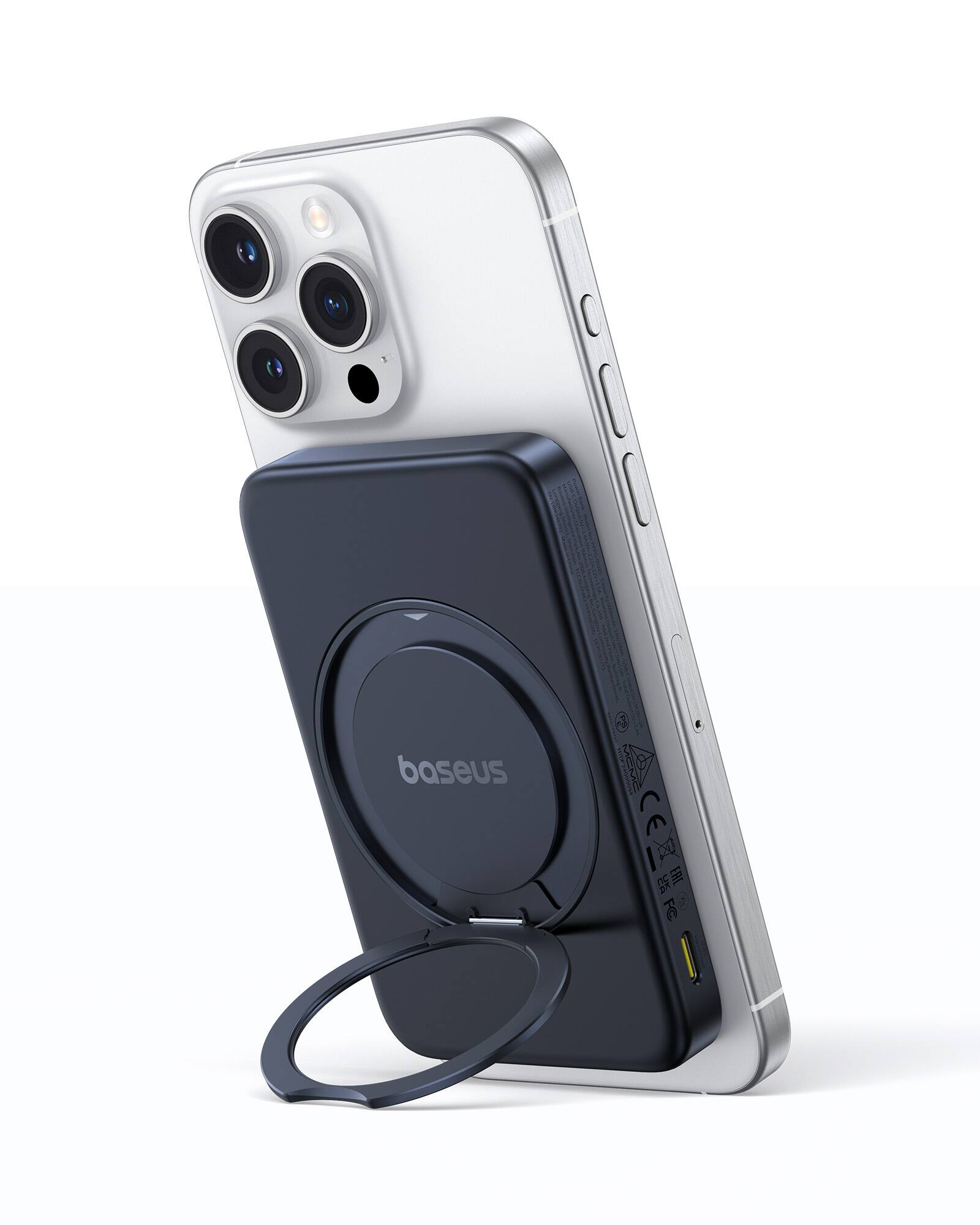 The image features a cell phone with a Baseus case and a stand. The phone is placed on the stand, which is designed to hold the device upright. The case is black and silver, providing a sleek and protective cover for the phone. The stand is also black and silver, complementing the phone and case design. The phone is positioned in the center of the image, showcasing the stand and case setup.