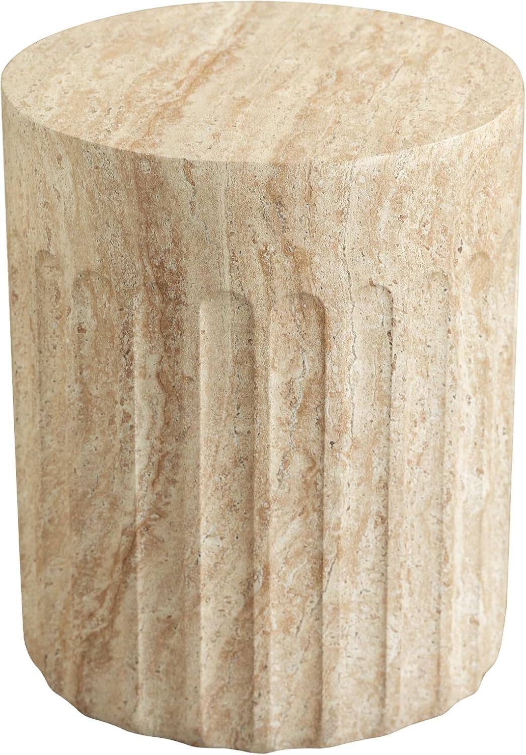 Front. LeisureMod - Zenvio Scalloped Side Table, Round Grooved Fiberstone Indoor/Outdoor Modern Accent Table - No Assembly - Travertine.