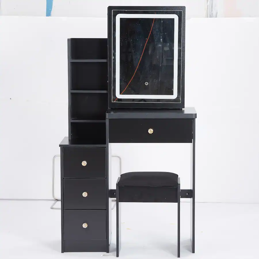 Small Rectangular Makeup Loheer Small Space Makeup Vanity Table with Stool, MDF, LED Mirror and ...