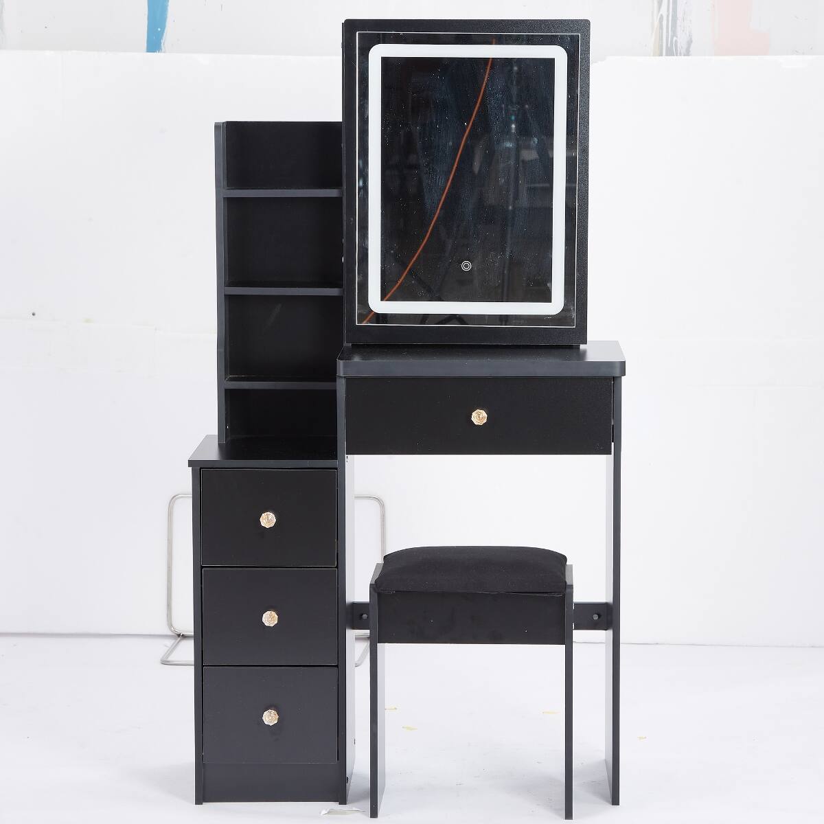 Angle. Loheer - Loheer Small Space Makeup Vanity Table with Stool, Black MDF, LED Mirror and Storage - Black.