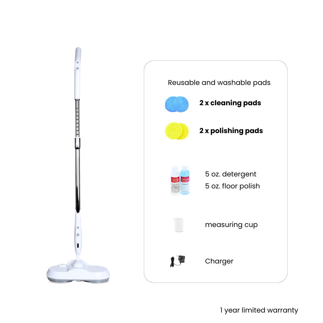 Reusable and washable pads 2 x cleaning pads 2 x polishing pads 5 oz. detergent 5 oz. floor polish measuring cup Charger 1 year limited warranty