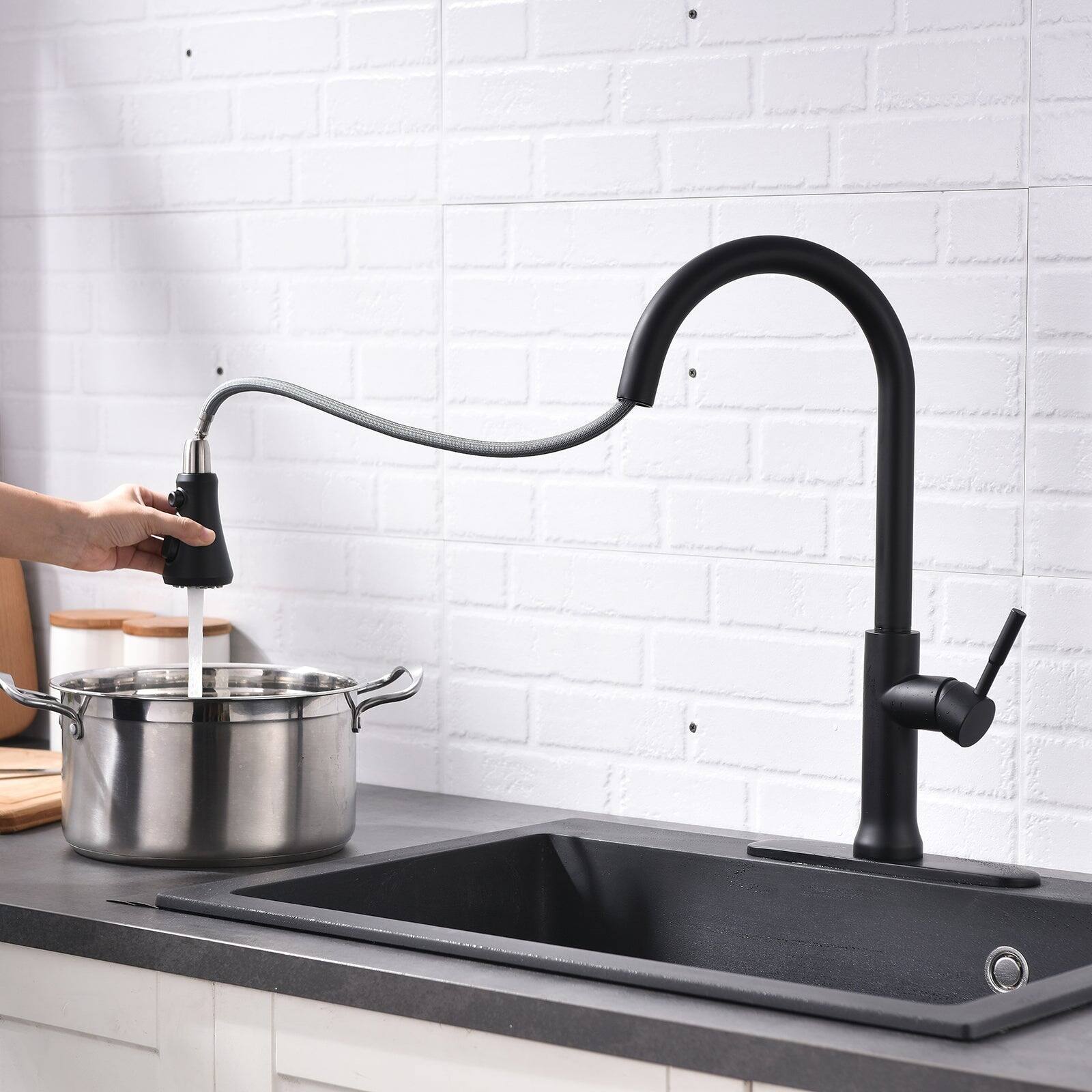 Alt View 5. Boyel Living - Matte Black Single Handle Sensor Activation Pull Out Sprayer Kitchen Faucet with Deck Plate Included - Matte Black.