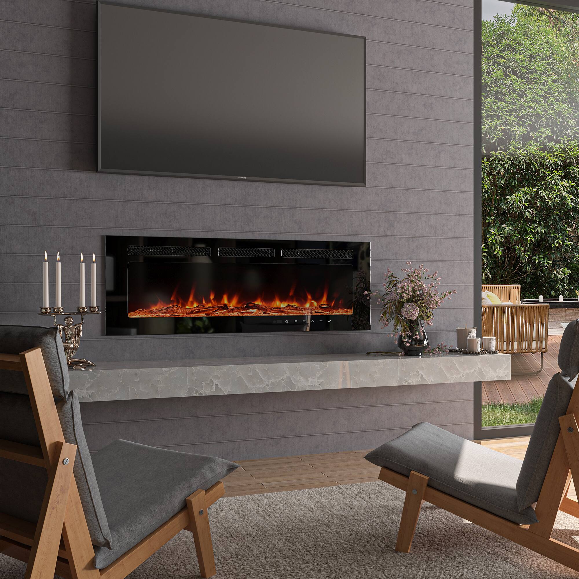 Angle. Mondawe - 50" LED Recessed Electric Fireplace with 3 Light Colors Adjustable Heating and Touch Screen Control - Black.