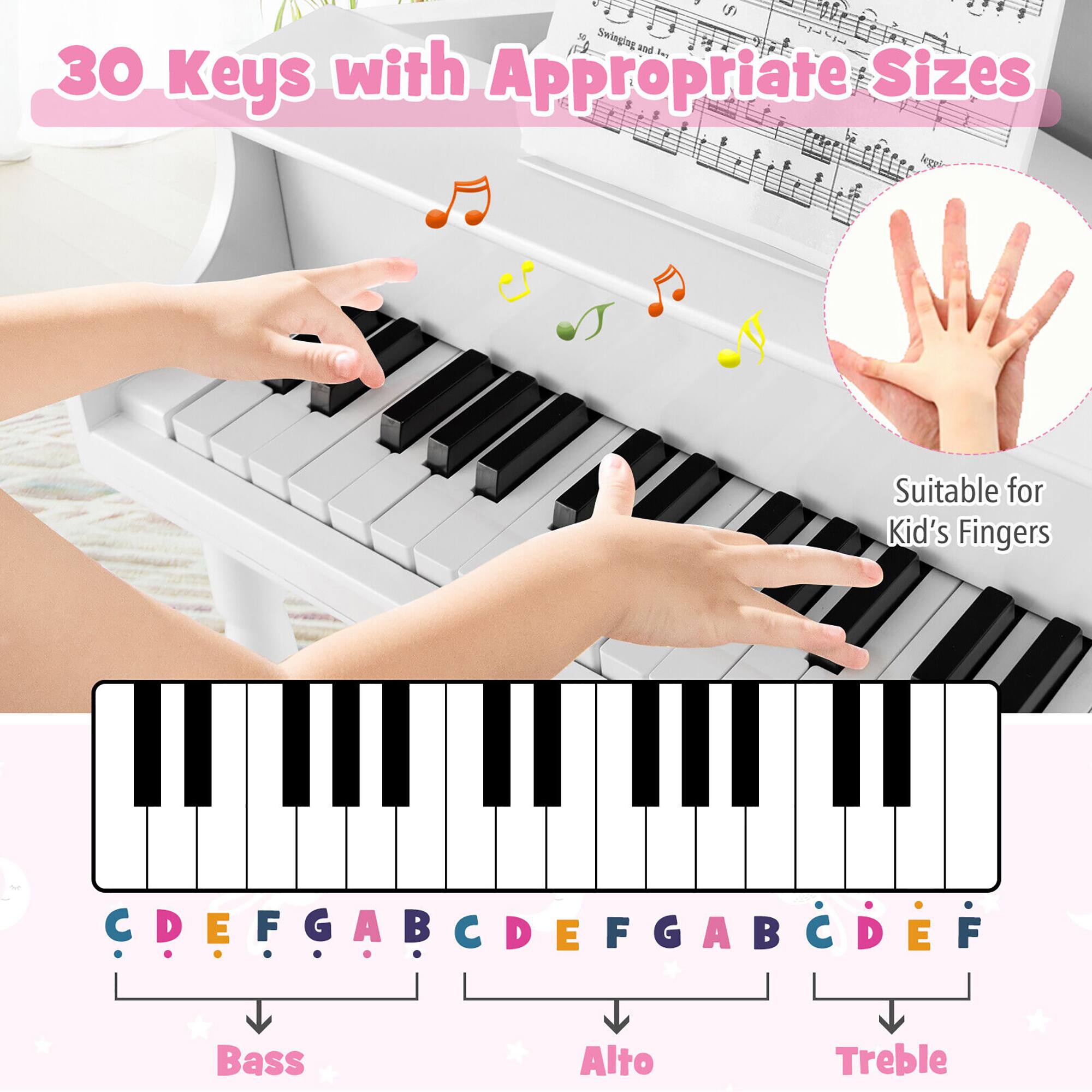 The text on the image is about a piano keyboard with 30 keys in appropriate sizes for kids' fingers. The keys are arranged in a way that is suitable for young children to learn and play music. The keyboard is designed to help children develop their musical skills and enjoy playing the piano.