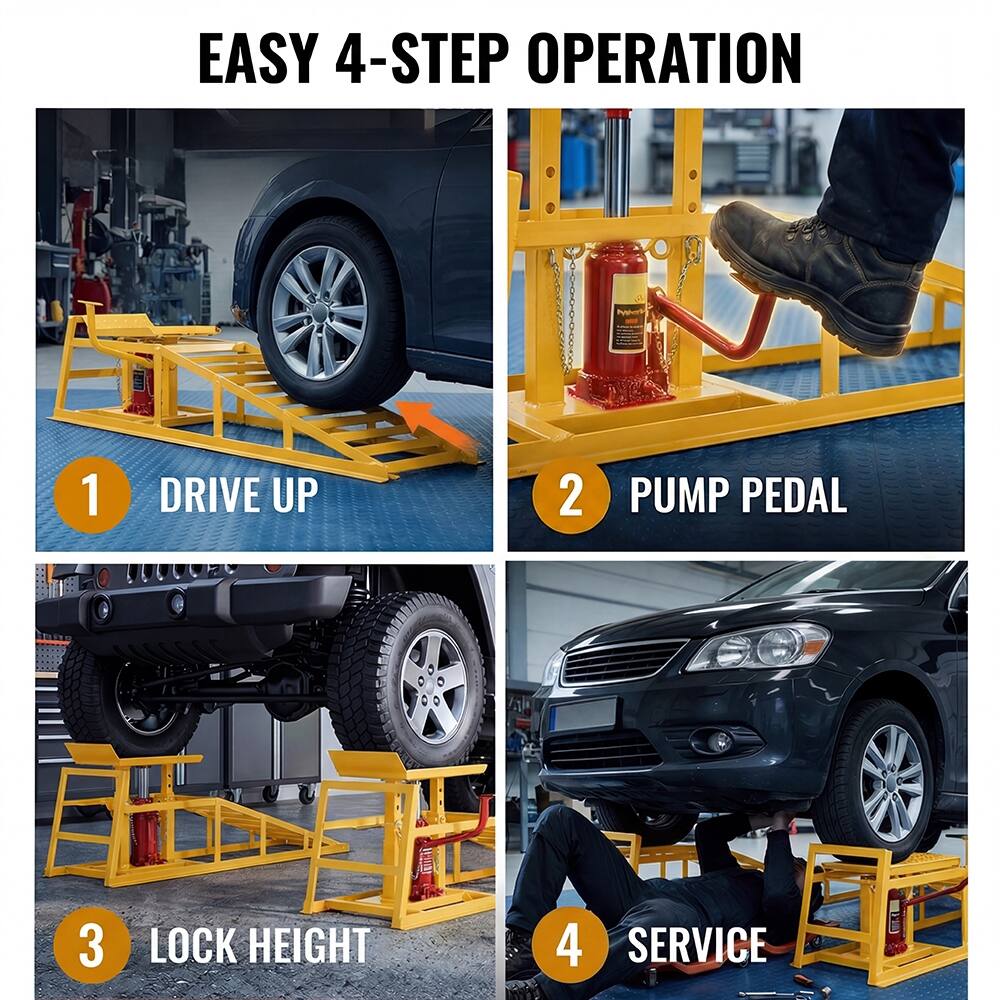 EASY 4-STEP OPERATION

1. DRIVE UP
2. PUMP PEDAL
3. LOCK HEIGHT
4. SERVICE