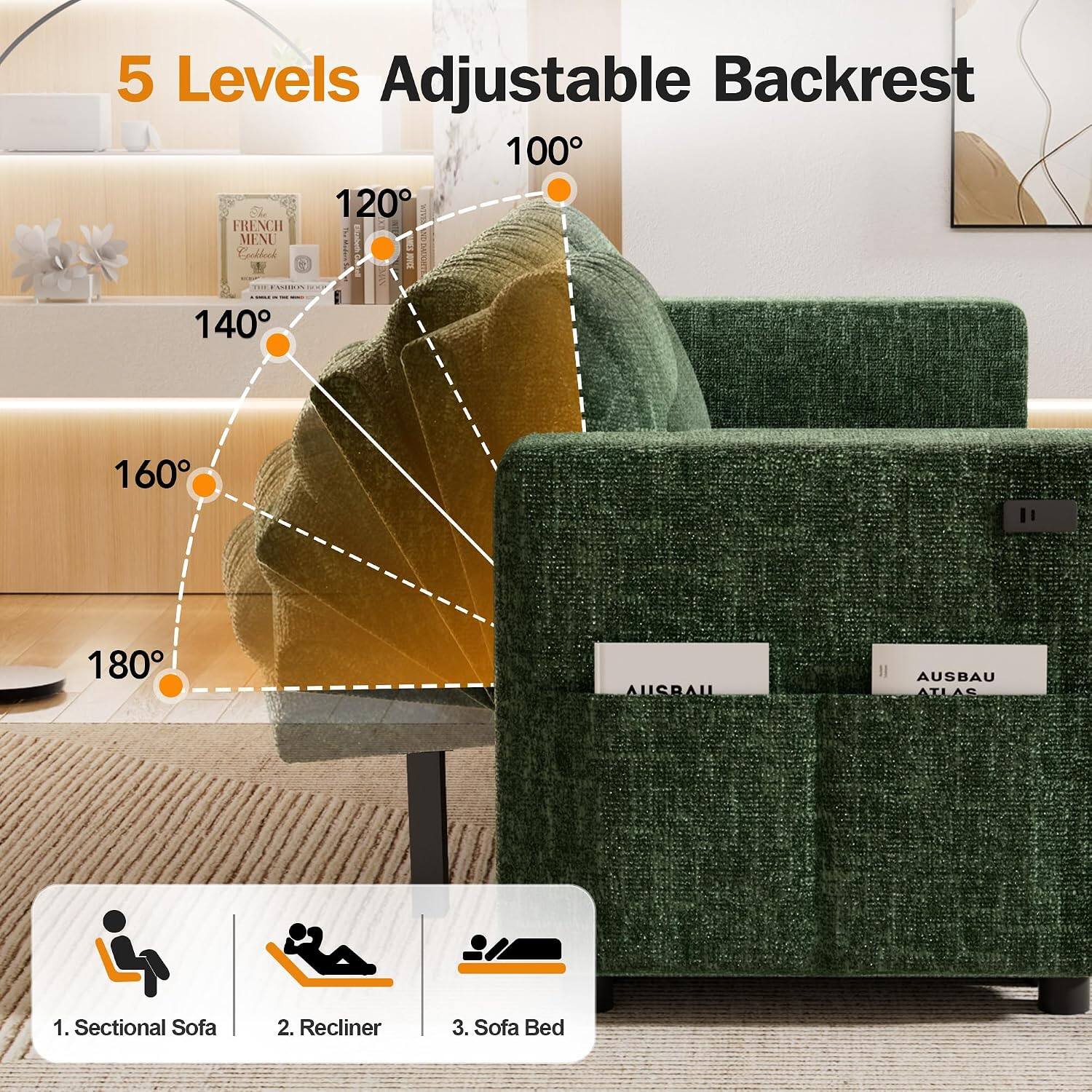 5 Levels Adjustable Backrest

100°
120°
140°
160°
180°

AUSBAU
AUSBAU ATLAS

1. Sectional Sofa
2. Recliner
3. Sofa Bed