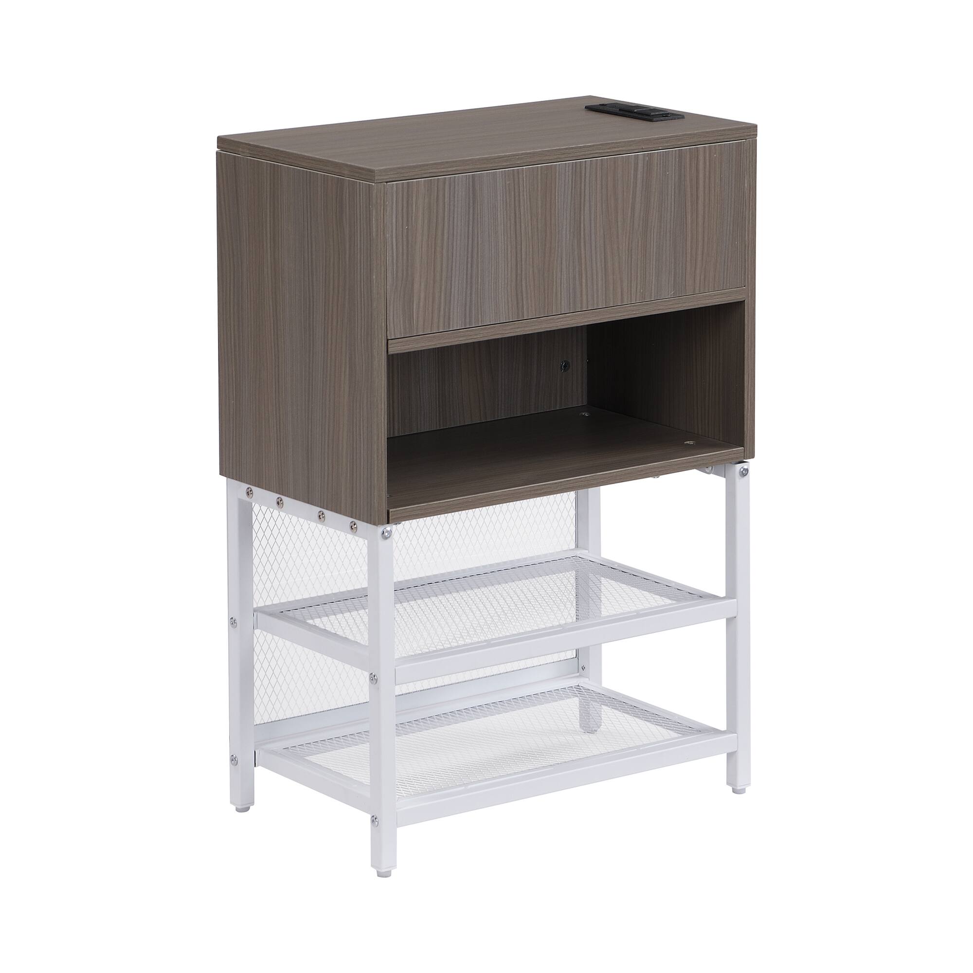 Alt View 6. Tiramisubest - Full size Metal Platform Bed with Two-Tier Storage Shelves, Wooden Storage Cabinet, White - White.