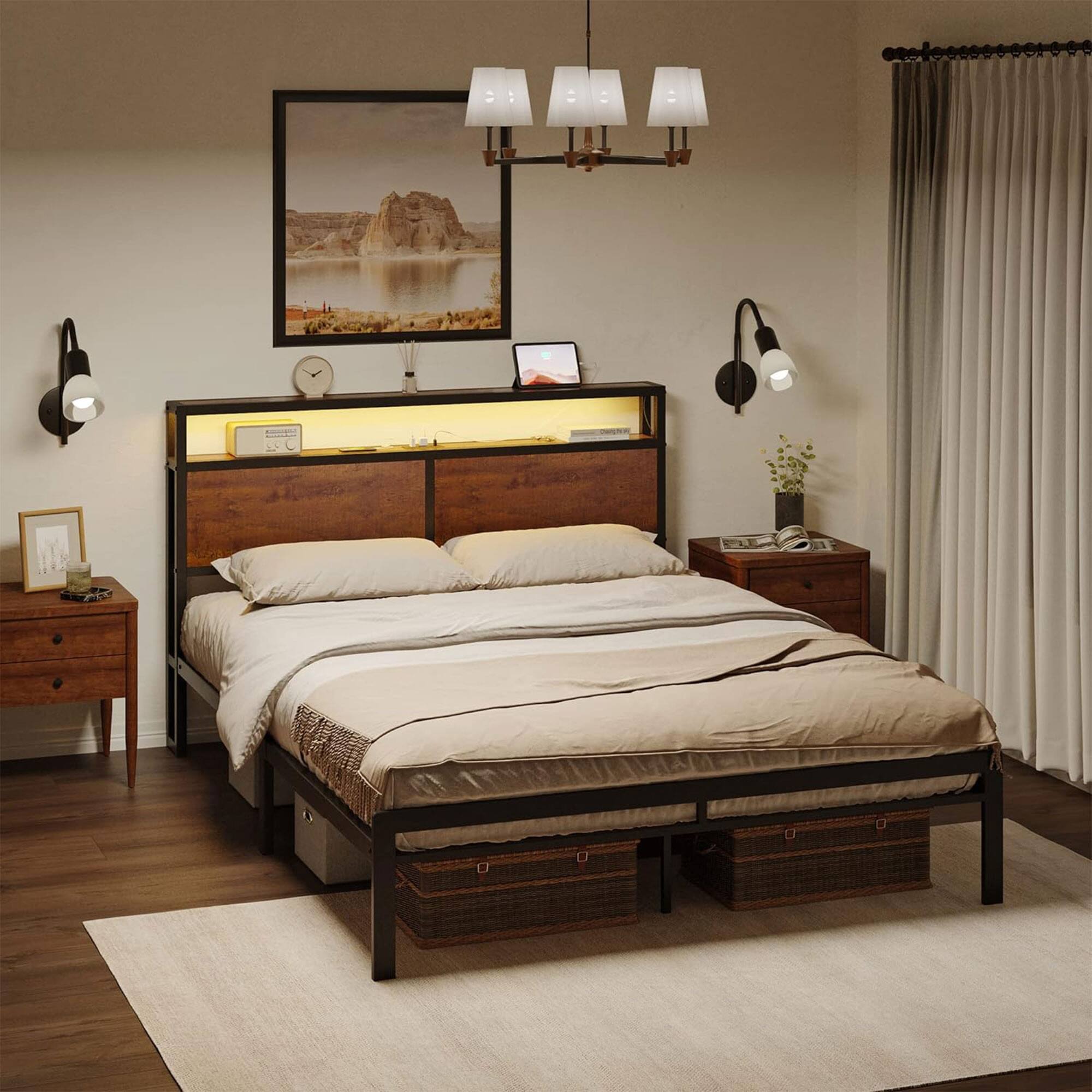 Alt View 5. HAUSOURCE - HAUSOURCE Full Bed Frame with Storage Headboard and Metal Platform Bed for Rooms - Rustic Browm.