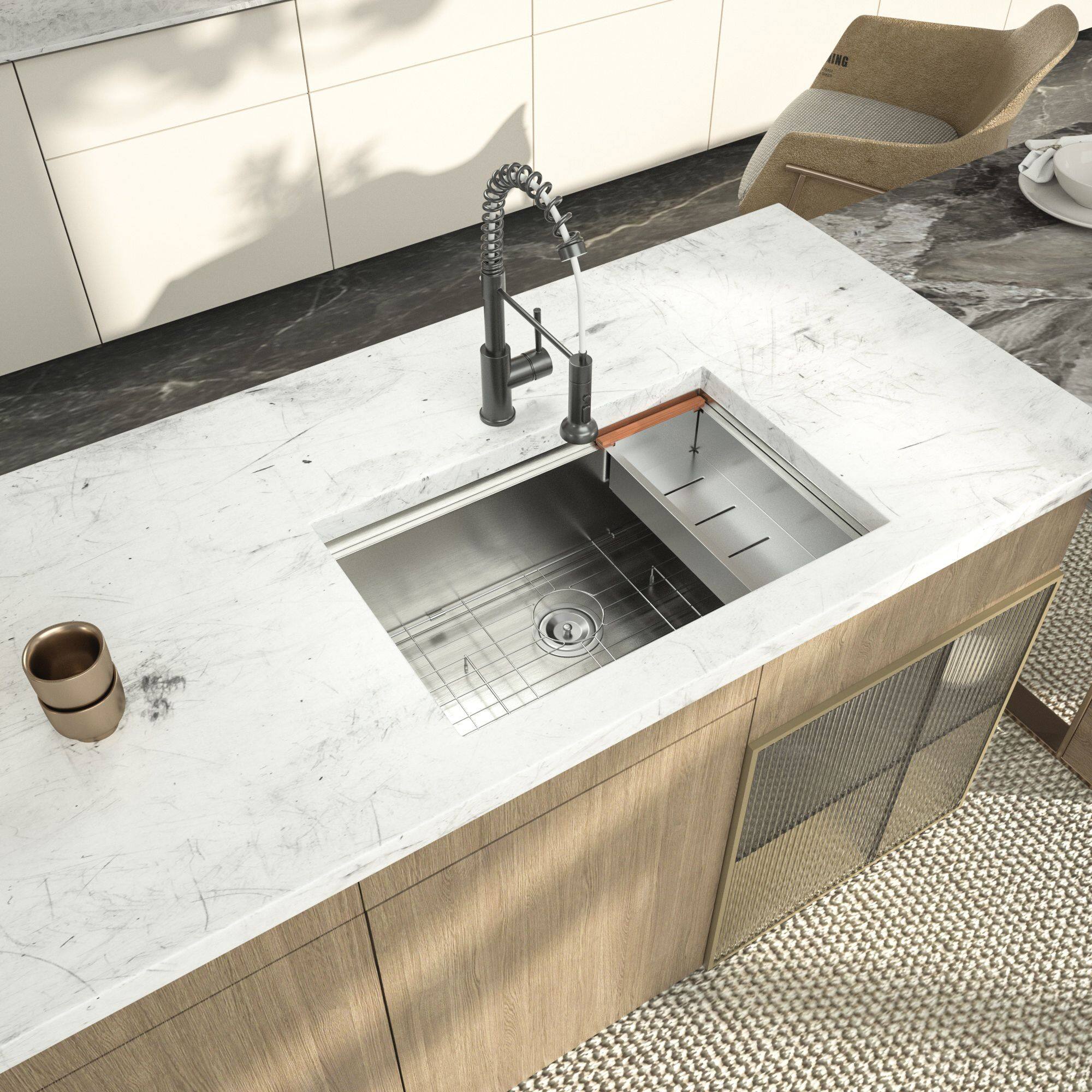 Angle. Lordear - 27"x19"x 10" Single Bowl Undermount Workstation 16 Gauge Stainless Steel Kitchen Sink - Stainless steel.