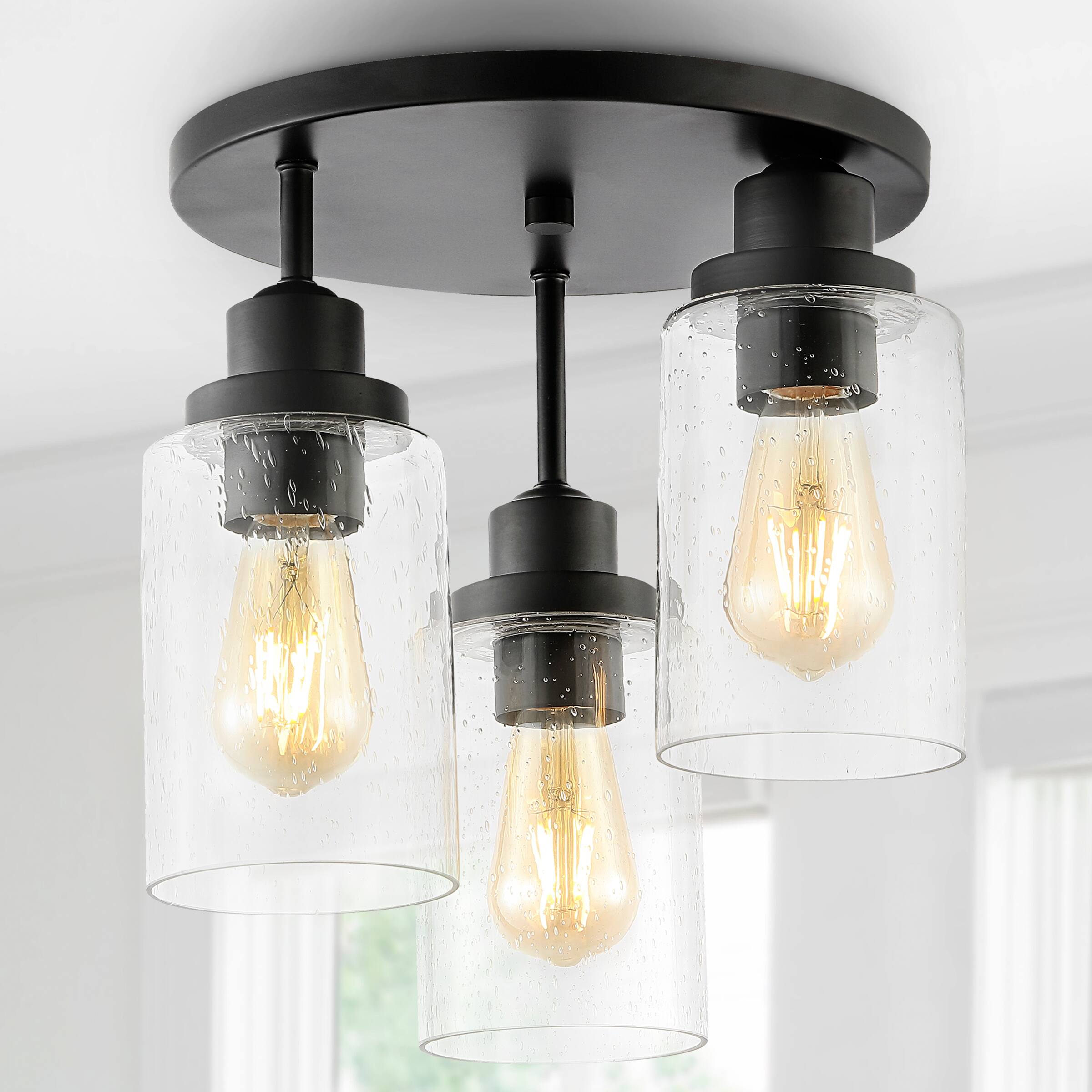 Alt View 1. Jonathan Y - Jonah 12" 3-Light Bohemian Farmhouse Iron/Seeded Glass LED Semi Flush Mount, Black/Clear - Black.
