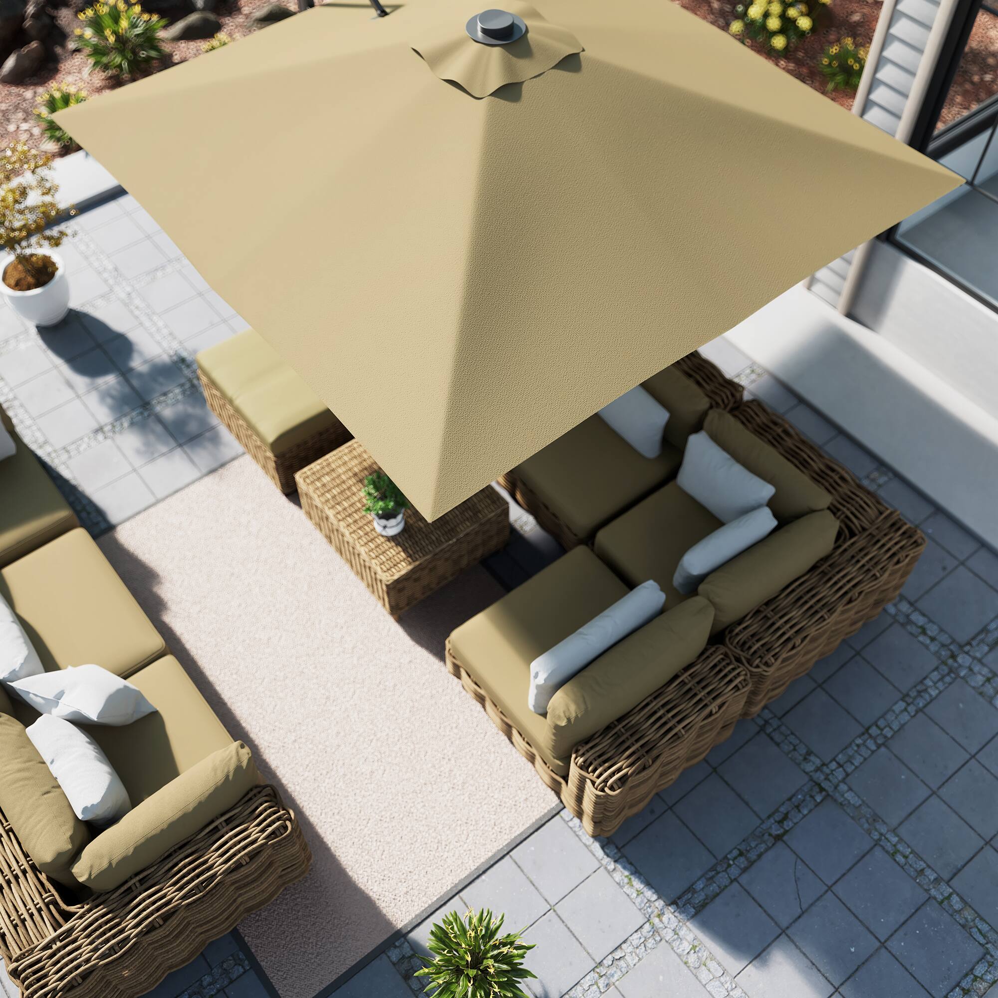 Alt View 2. Mondawe - 10*10ft Large Patio Cantilever Umbrella with LED Light Panel and Base - Tan.