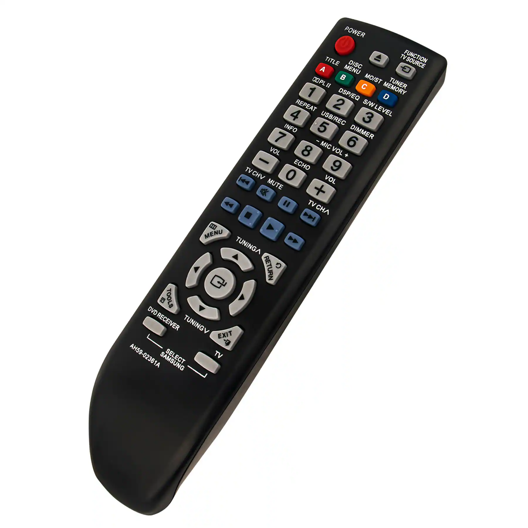 POWER  
TITLE A  
DISC B  
MENU C  
MOST D  
TUNER MEMORY E  
1 REPEAT  
2 DSP/EQ  
3 USB/REC  
4 INFO  
5 DIMMER  
6 MIC VOL -  
7 VOL -  
8 VOL +  
9 ECHO  
0 VOL MUTE  
TV CHV  
TV CHA  
MENU  
TOOLS  
DVD RECEIVER  
TUNINGV  
EXIT  
TV  
SELECT  
SAMSUNG  
AH59-02361A
