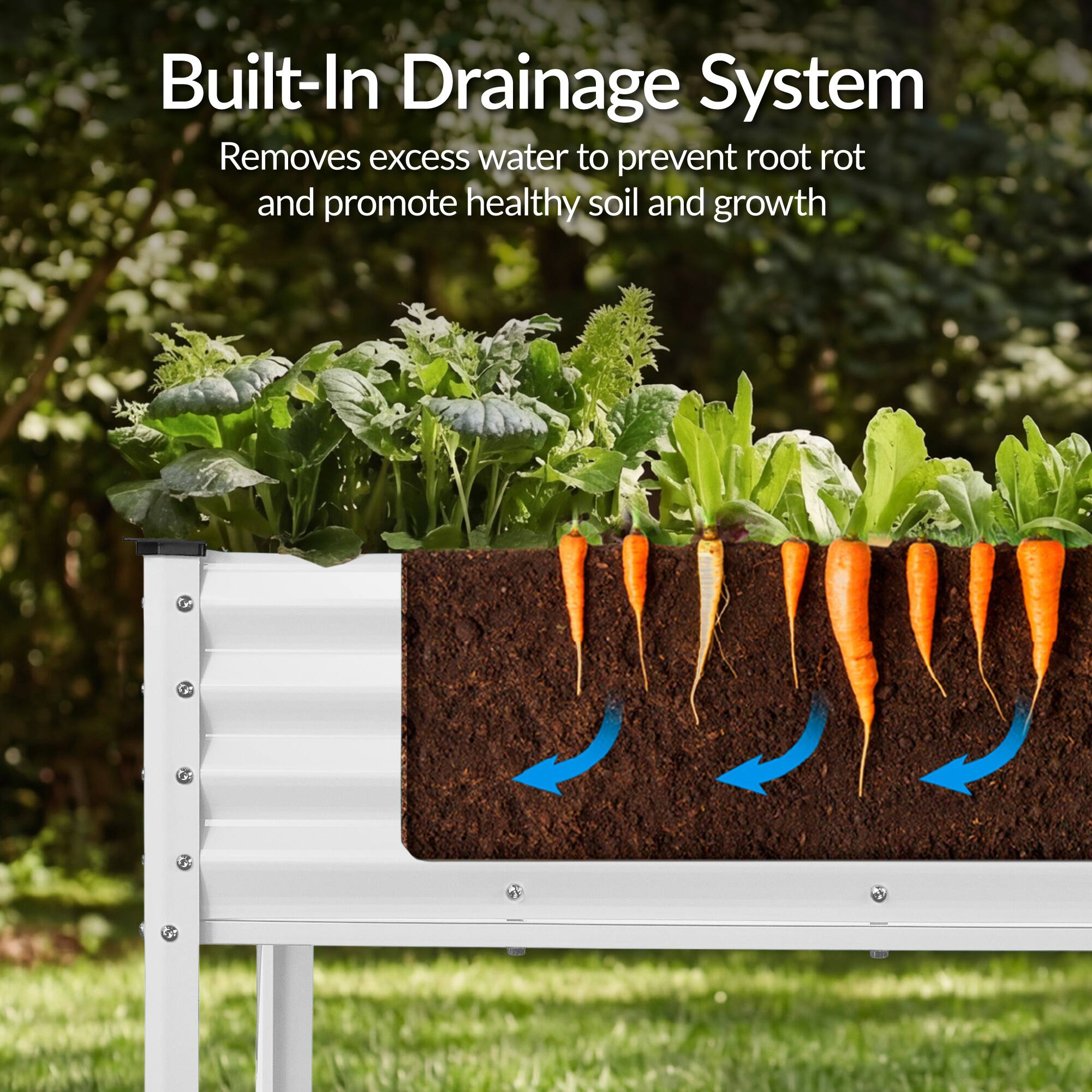 Built-In Drainage System  
Removes excess water to prevent root rot and promote healthy soil and growth