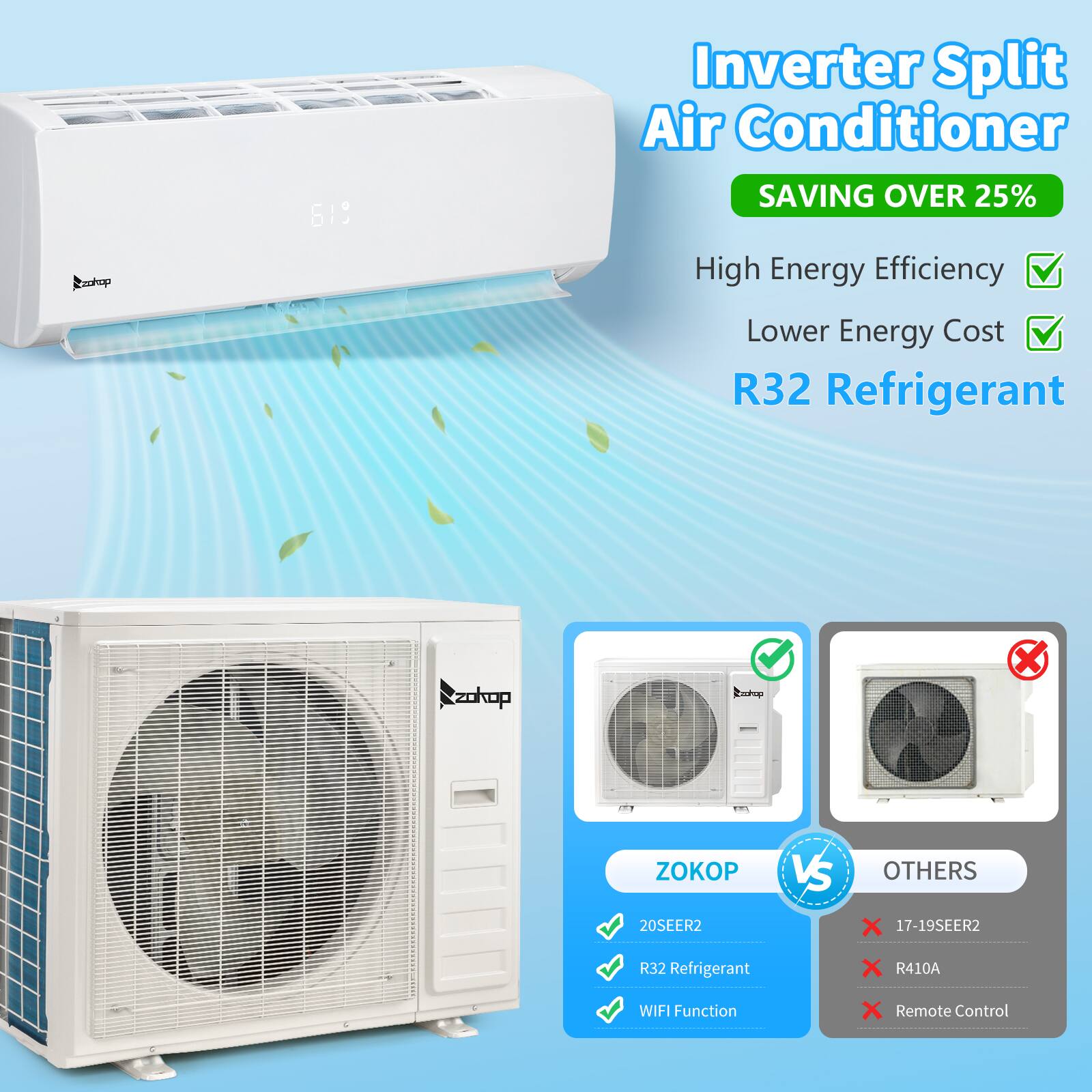 ZOKOP 619 Inverter Split Air Conditioner  
SAVING OVER 25%  
High Energy Efficiency  
Lower Energy Cost  
R32 Refrigerant  

ZOKOP VS OTHERS  
20SEER2  
R32 Refrigerant  
WIFI Function  
Remote Control  

20SEER2  
R32 Refrigerant  
WIFI Function  

17-19SEER2  
R410A  
Remote Control