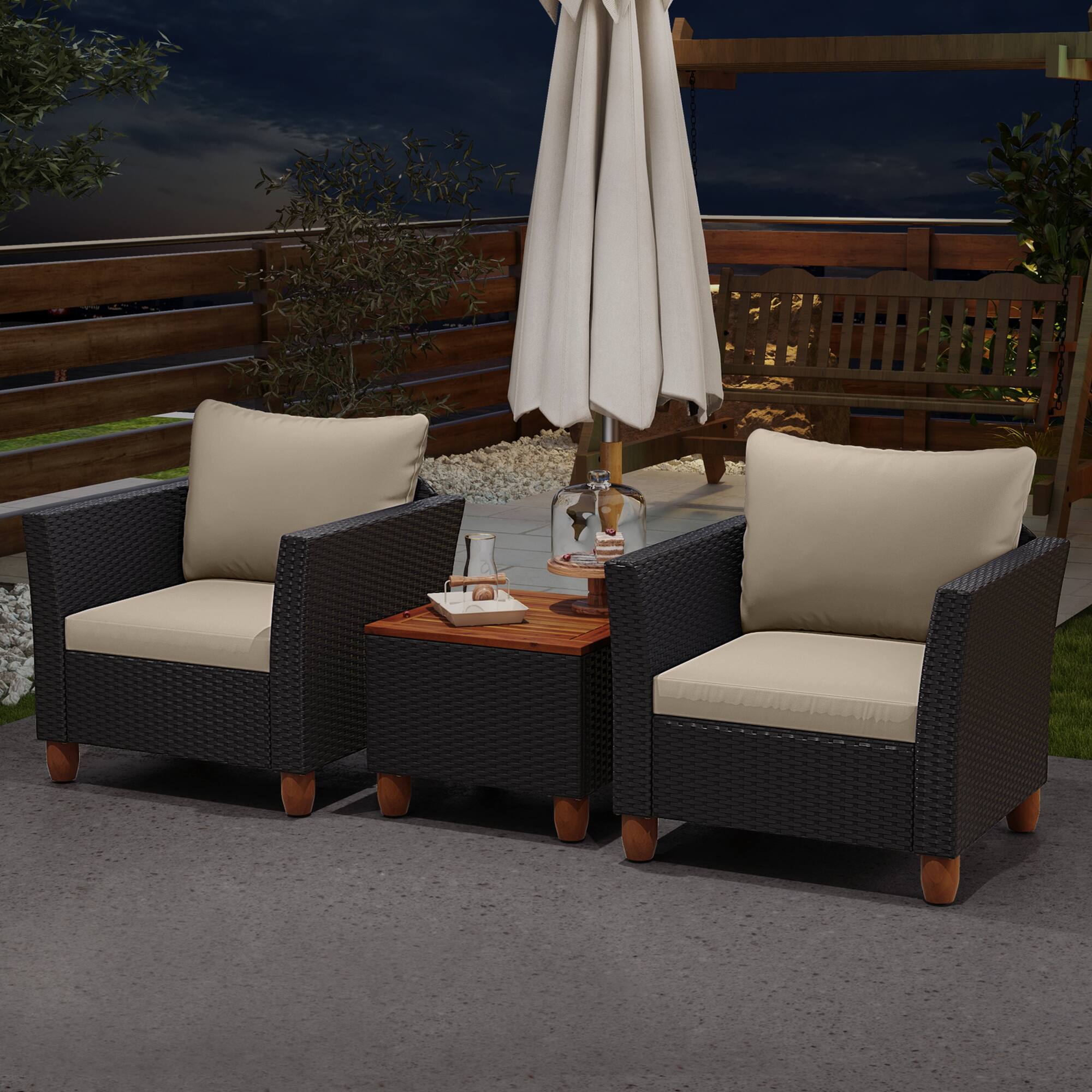 Alt View 4. Costway - Costway 3PCS Patio Rattan Furniture Set Cushioned Sofa Storage Table with Wood Top - White.