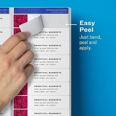 Sure, here is the corrected and grouped text:

**Address Labels:**

- BOUNTIFUL BANQUETS  
  5132 ALLEN CENTER DR  
  NEW YORK, NY 10030

**Instructions:**

- Easy Peel  
  Just bend, peel and apply.

**Website:**

- Go to: www.avery.com/templates  
  (URLs: 5160, 5161, 5162)