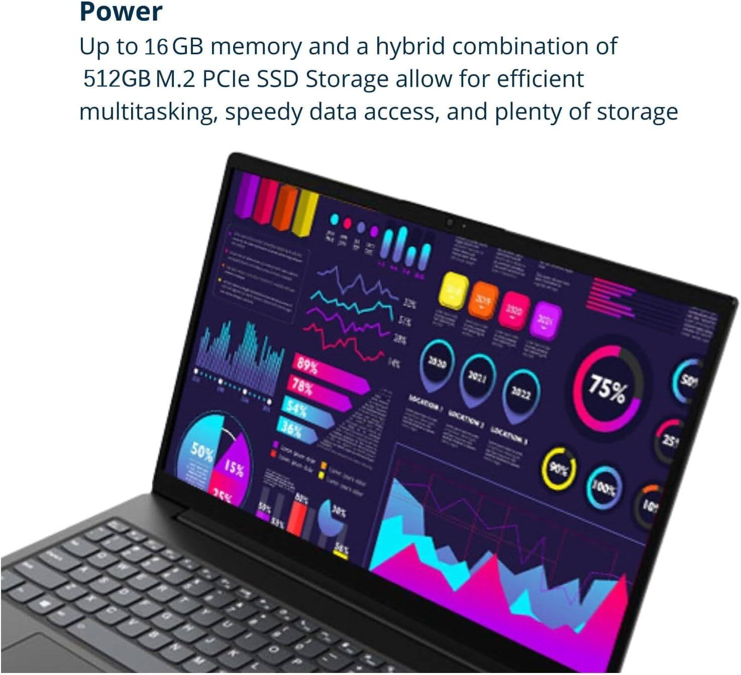 Power  
Up to 16 GB memory and a hybrid combination of 512GB M.2 PCle SSD Storage allow for efficient multitasking, speedy data access, and plenty of storage.