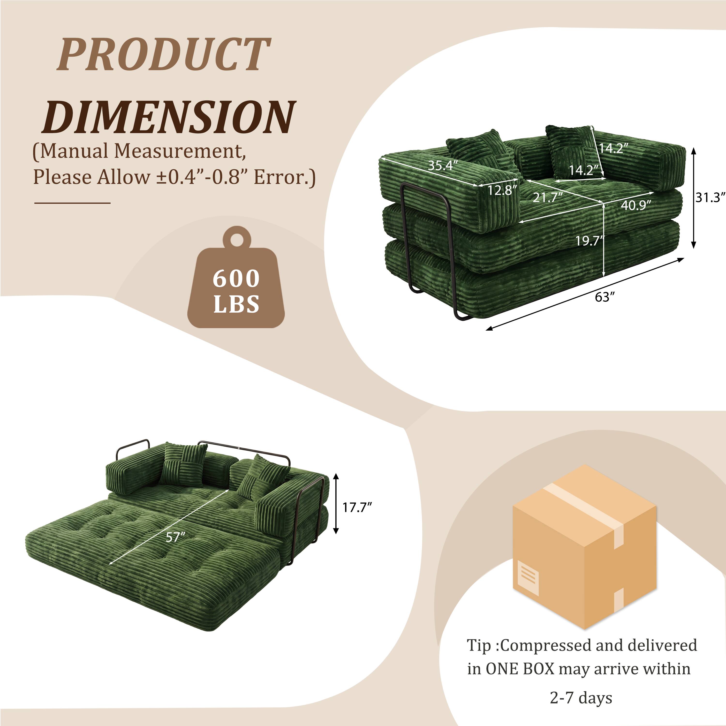 PRODUCT DIMENSION (Manual Measurement, Please Allow ±0.4"-0.8" Error.)

- 35.4"
- 14.2" x 14.2" x 12.8" x 21.7" x 40.9"
- 31.3"
- 19.7"
- 600 LBS
- 63"
- 17.7"
- 57"

Tip: Compressed and delivered in ONE BOX may arrive within 2-7 days