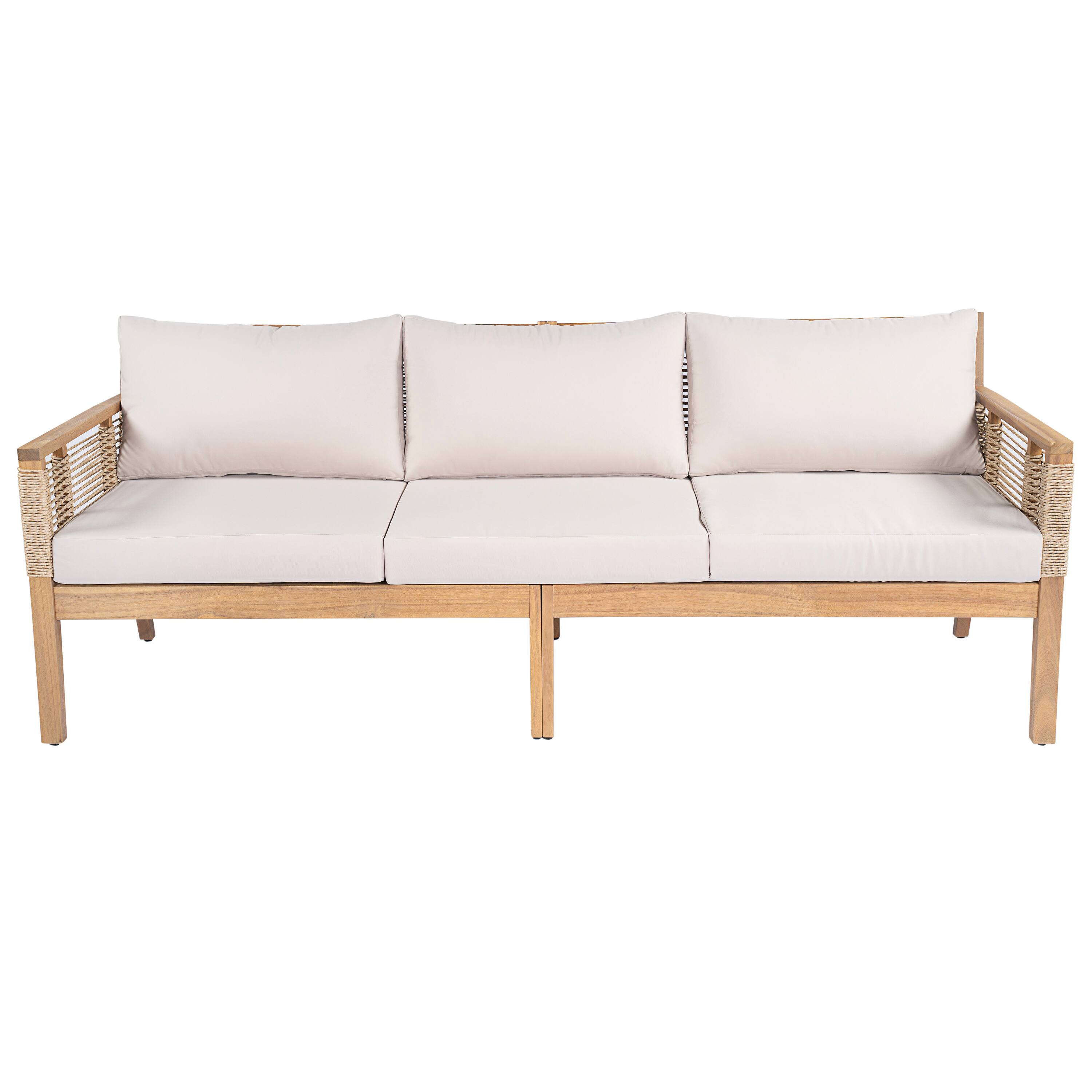 Left. Whisen - 75" W Outdoor 3-Seater Sofa, Acacia Wood Patio Loveseat with Hand-Woven Rope & Water-Resistant Cushions - Light Teak|Beige.