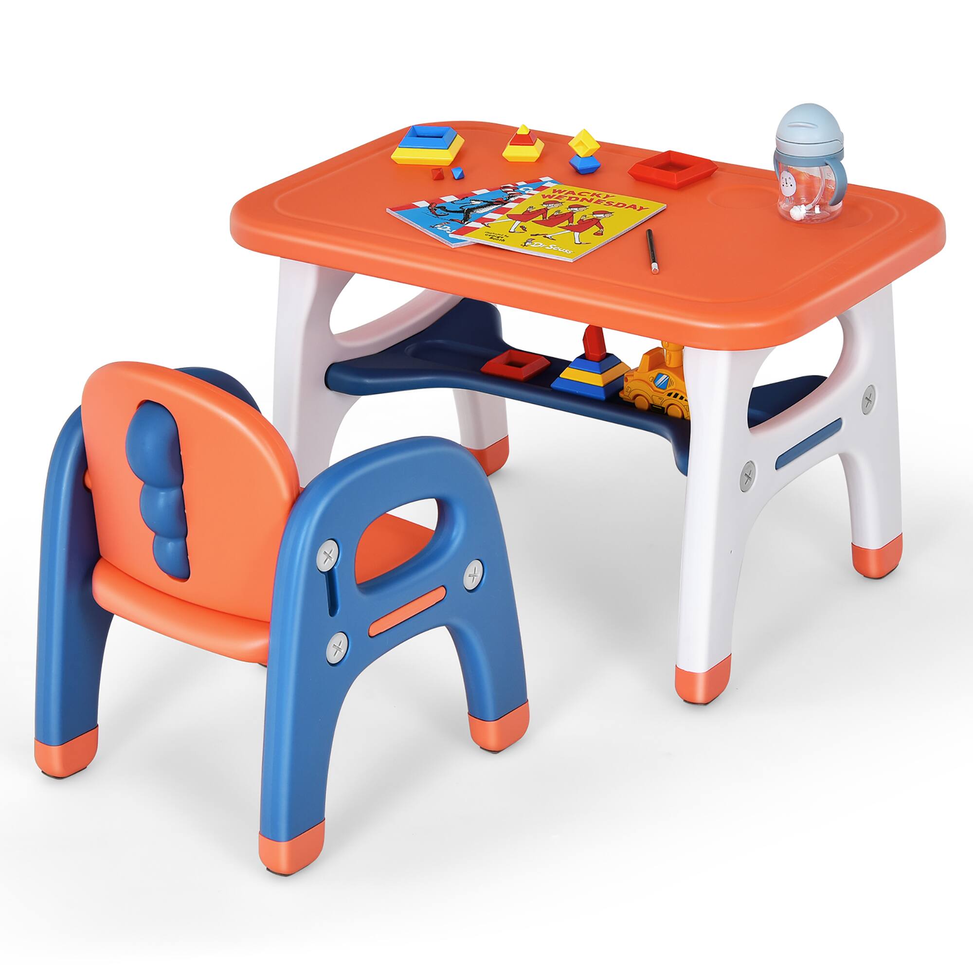 Gymax - Babyjoy Kids Study Desk Dinosaur Table & Chair Set w/ Building Blocks Activity Orange - Orange, Blue, White
