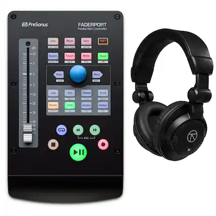 PreSonus FADERPORT Production Controller
Solo Mute Arm SHIFT dB Solo Clear Mute Clear Arm All - 10 Bypass Touch Write Read 5 AL Latch 1rm De U Prev Next - 5 Undo Redo 10 20 Link Lock Master Pan Flp Click Channel Lock Section Scroll Zoom Marker 30 F1 2 F3 F4 40 50 60 .N RTZ