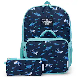 Nautica - 16" Back to Basics Kids 3-Piece Backpack Set with Cushioned Back and Shoulder Straps - Shark Riders
